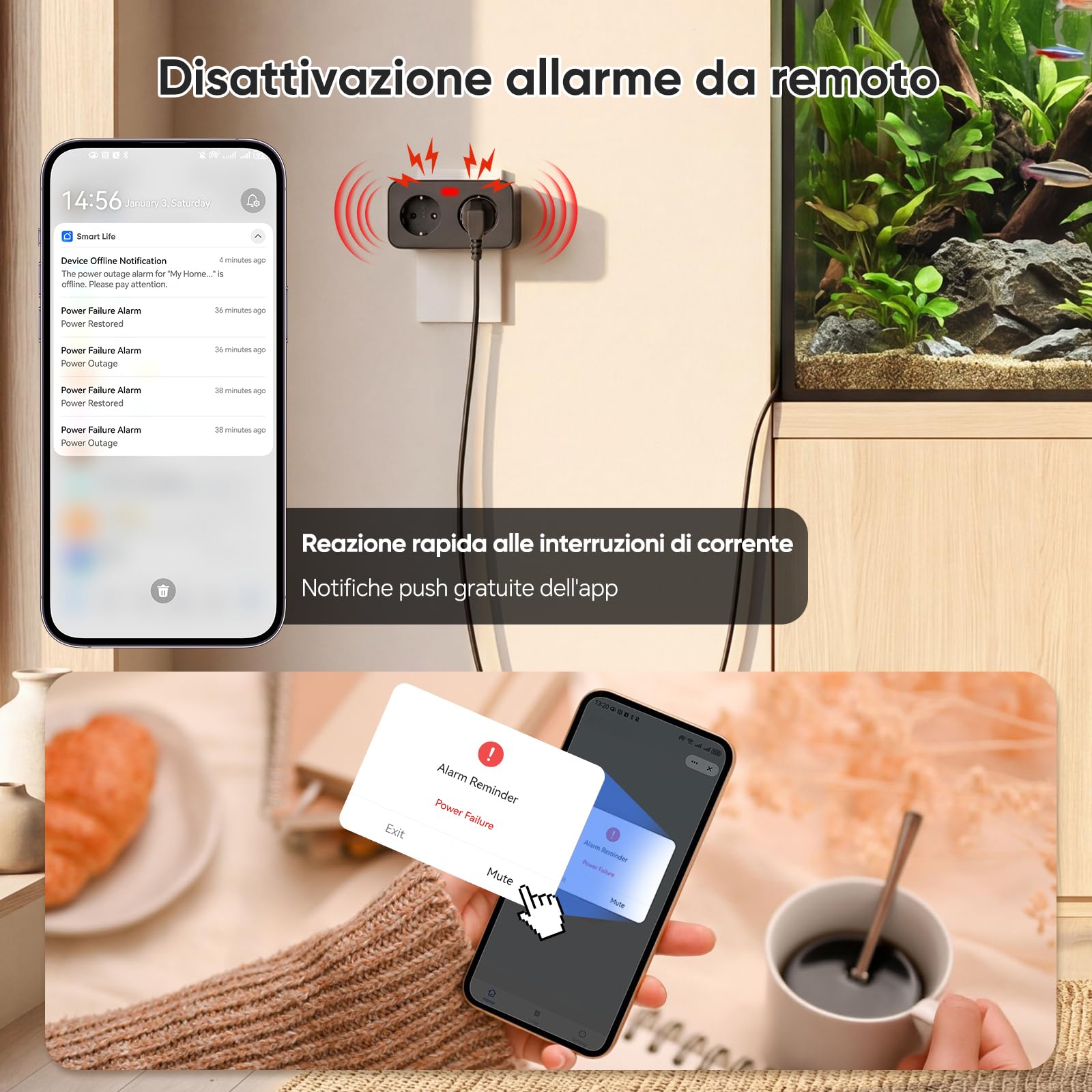 Rilevatore Interruzione Corrente WiFi con App Tuya&Smart Life, Allarme Mancanza Alimentazione 110dB con Silenziamento Remoto, 3 Suonerie / 3 Volume, Avviso Mancanza Corrente per Frigorifero