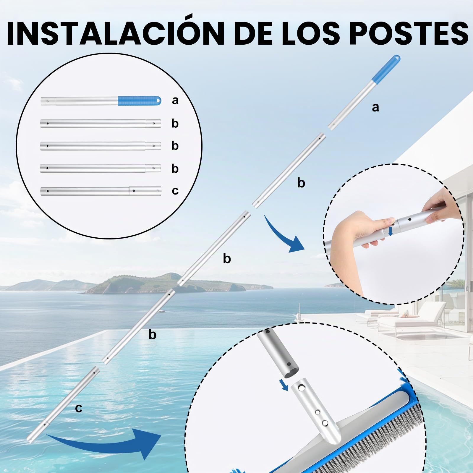 LALAGO Cepillo Piscina, Cepillo de Limpieza de Piscina, con Mango de Aluminio, Cepillo de Limpieza, Cepillo para Limpiar Fondo, Cepillo de Pared para Pared y Suelo de Piscina