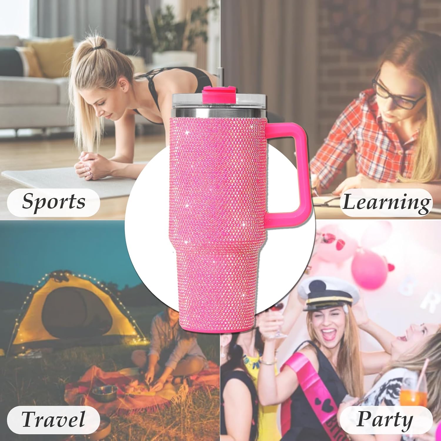 40oz Rhinestone Bling Tumbler with Handle and 2 Straw,Glitter Travel Mug with Lid,Rhinestone Water Bottle,Diamond Vacuum Insulated Stainless Steel Cup for Girls Women (Pink)