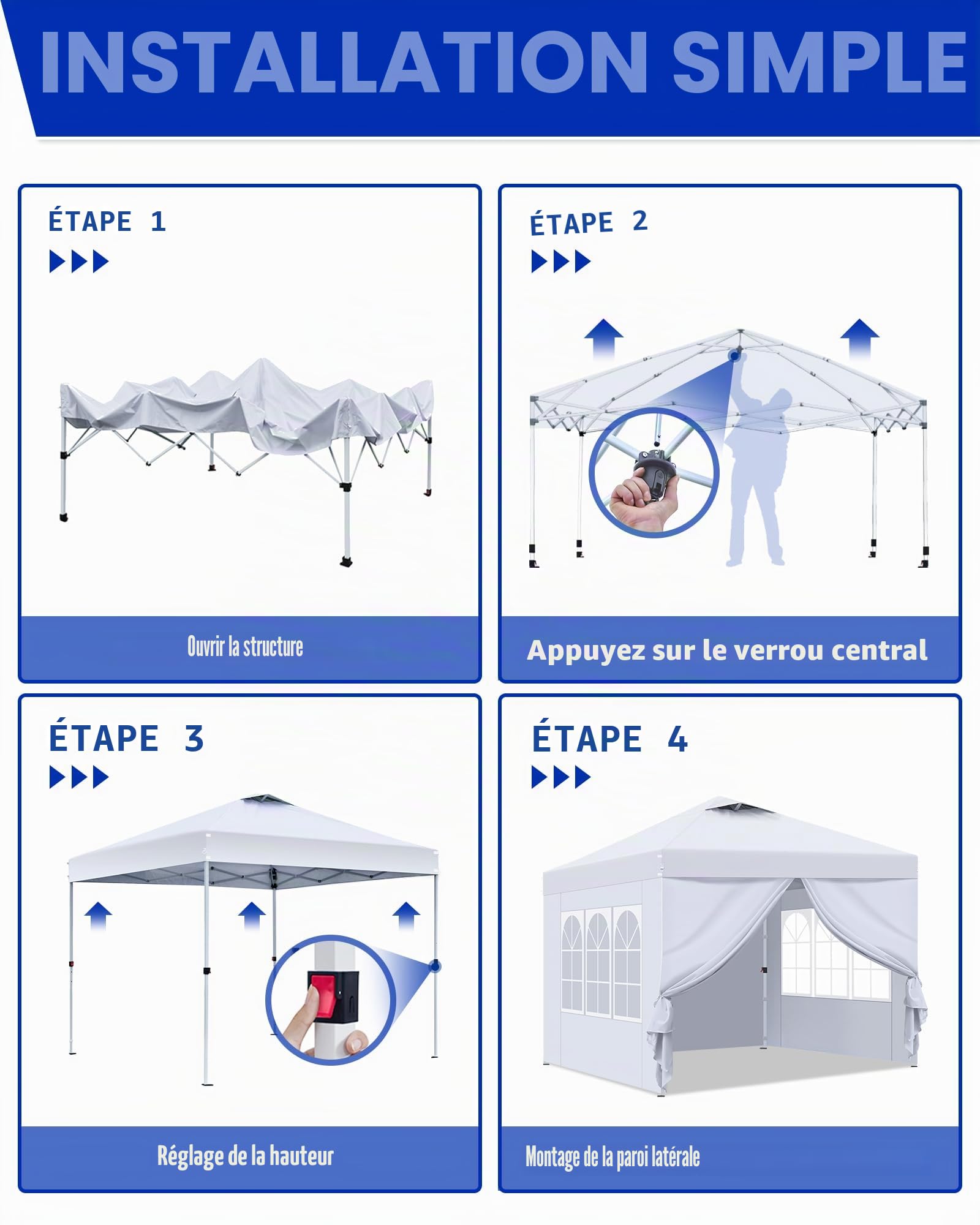 Tonnelle Pliante 3x3 Imperméable, Tente de Camping avec Parois Latérales, Protection UV, Réglable en Hauteur, Tonnelle 3x3 pour Mariage, Stand de Vente, Fête (Blanc, 1PCS)
