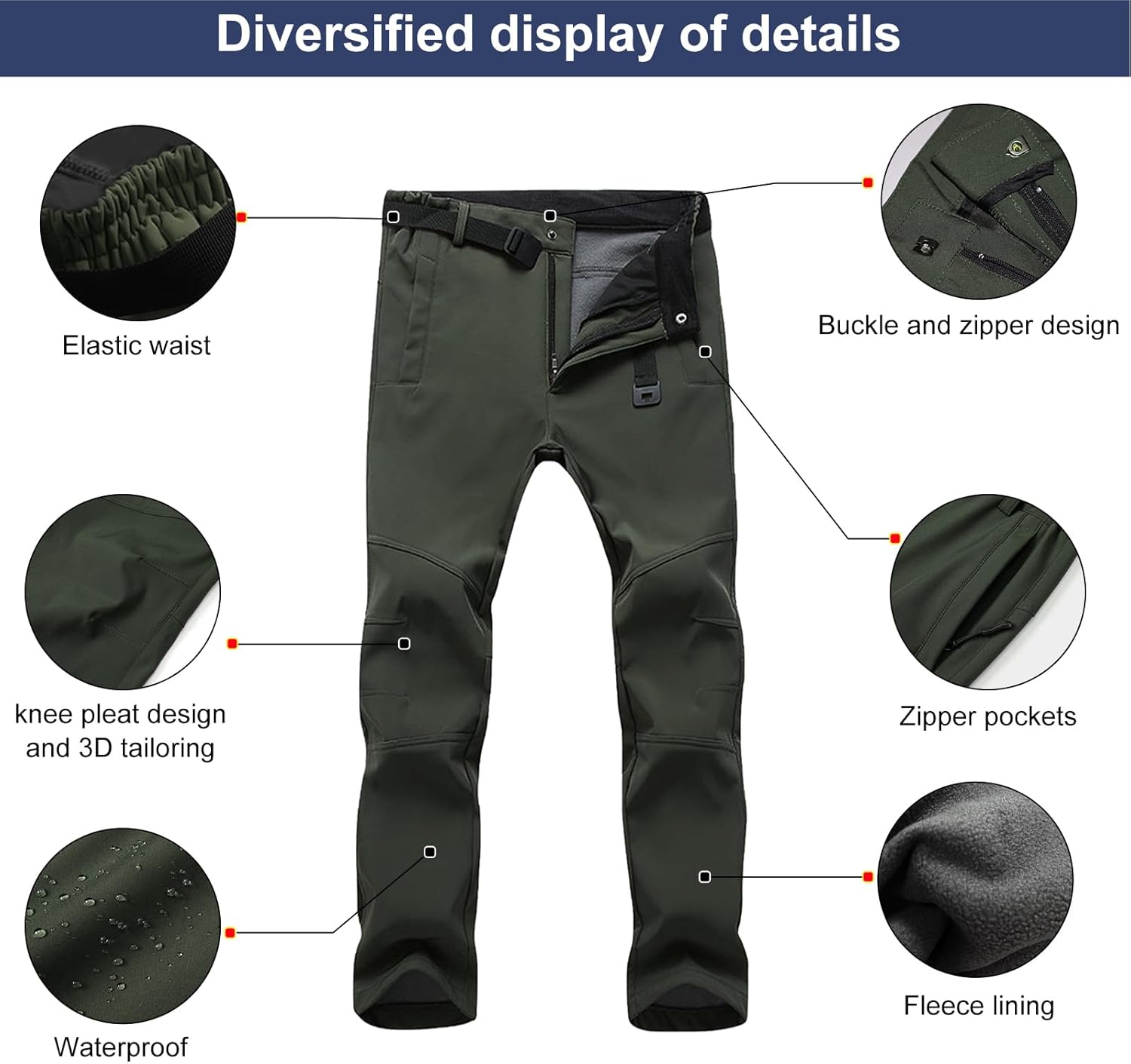 HYCOPROT Men's Snow Ski Pants Waterproof Softshell Outdoor Fleece Lined Snowboard Hiking Pants with Belt - Image 4