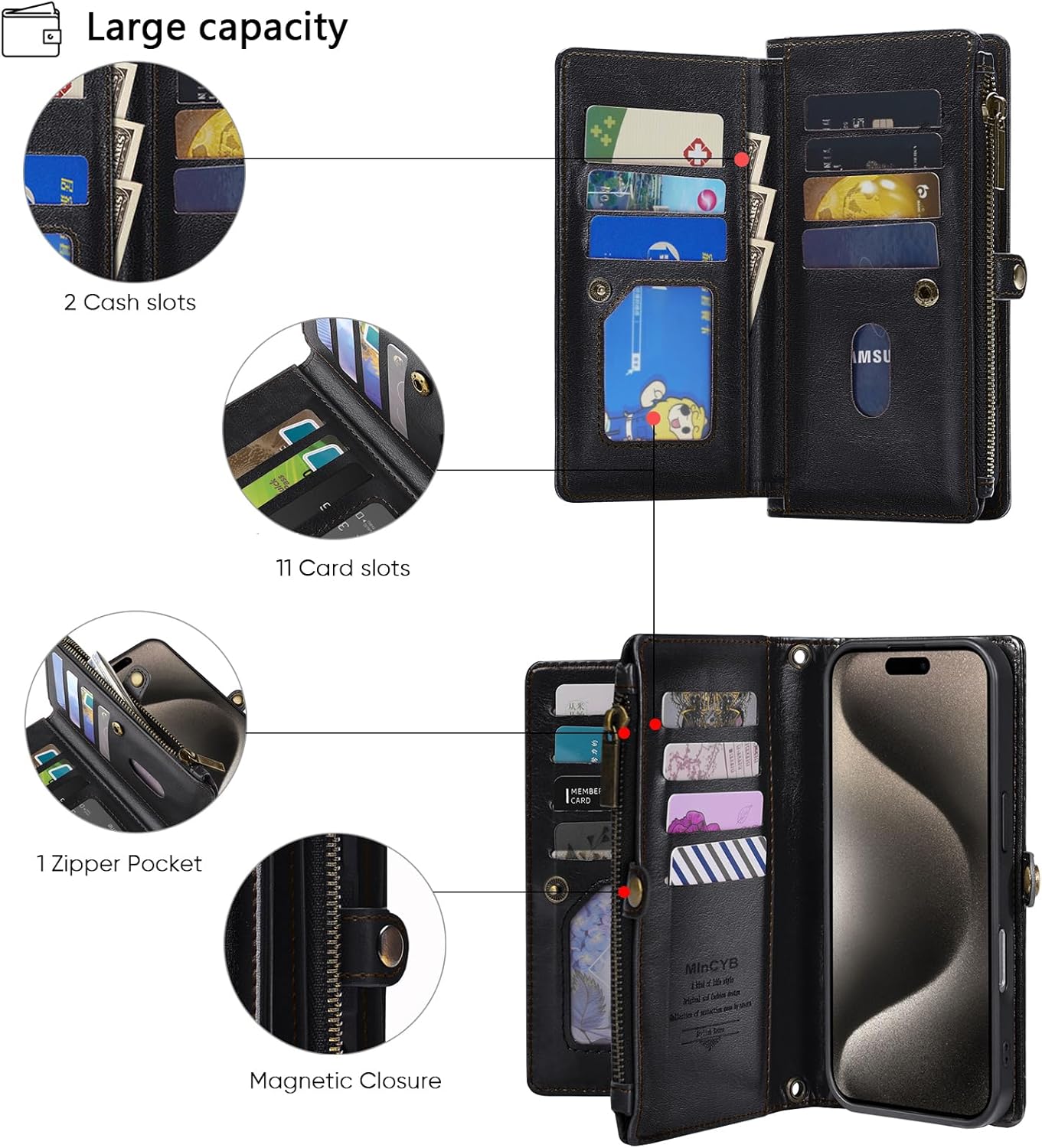 MInCYB for iPhone 17 Pro Max Wallet Case, [Compatible with Magsafe] [Magnetic Detachable] [RFID Blocking] PU Leather Case with Card Holder & Crossbody Strap for Women Men, Black - Image 3