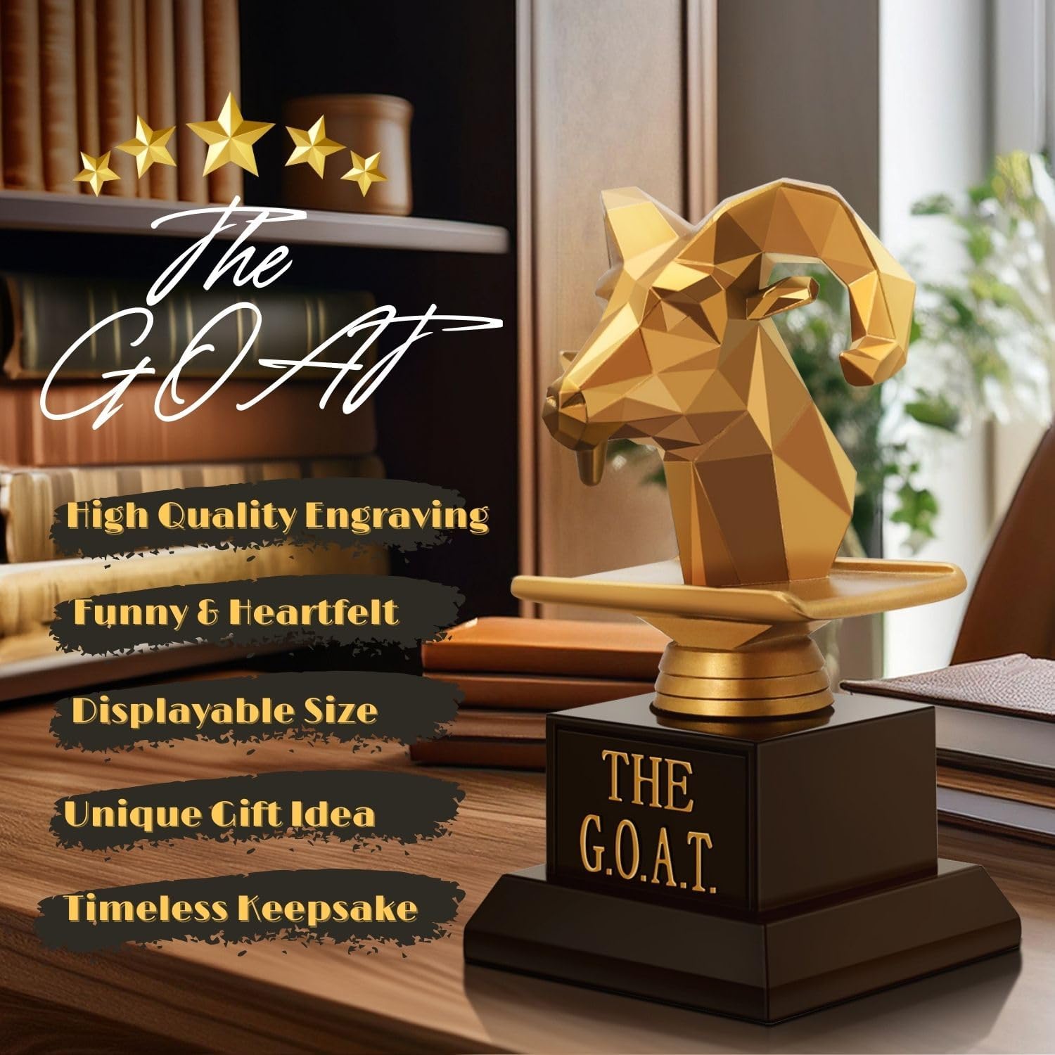 Flexzion The Goat Trophy Award - Greatest of All Time Funny Trophy for Adults, Engraved Plate with Head Goat Statue, Unique Recognition Gift Plaque for Sports, Employee, Teacher, Boss, Friend, & More