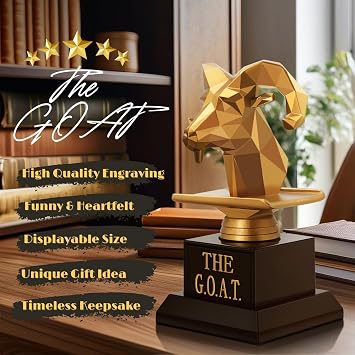 Flexzion The Goat Trophy Award - Greatest of All Time Funny Trophy for Adults, Engraved Plate with Head Goat Statue, Unique Recognition Gift Plaque for Sports, Employee, Teacher, Boss, Friend, More