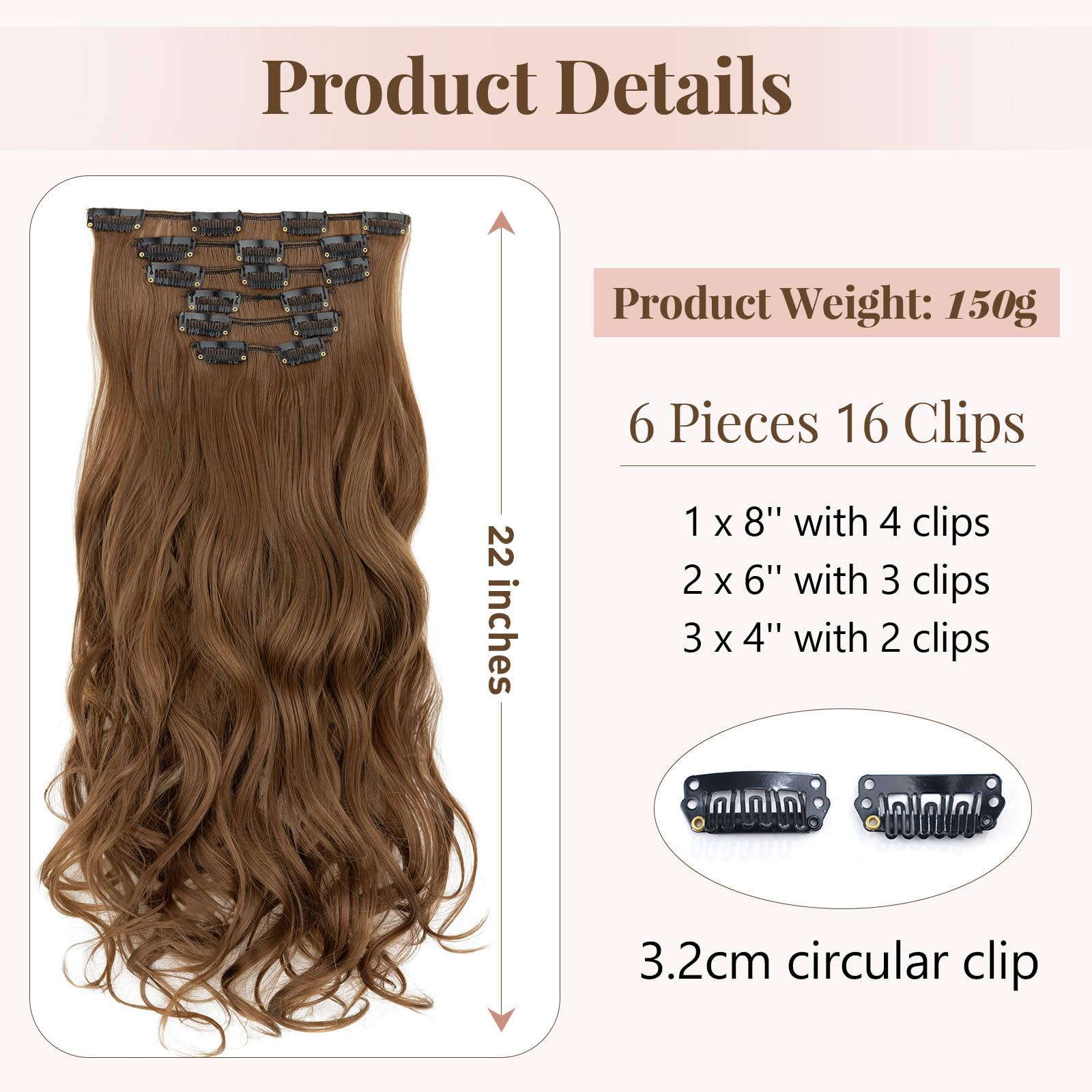 TESS Curly Hair Extensions Clip in 22 Inch 6PCS 16 Clips Heat Resistant Synthetic Wig Tangle-Free Double Weft Hair Pieces for Women UK 150g #06 Light Brown - Image 3