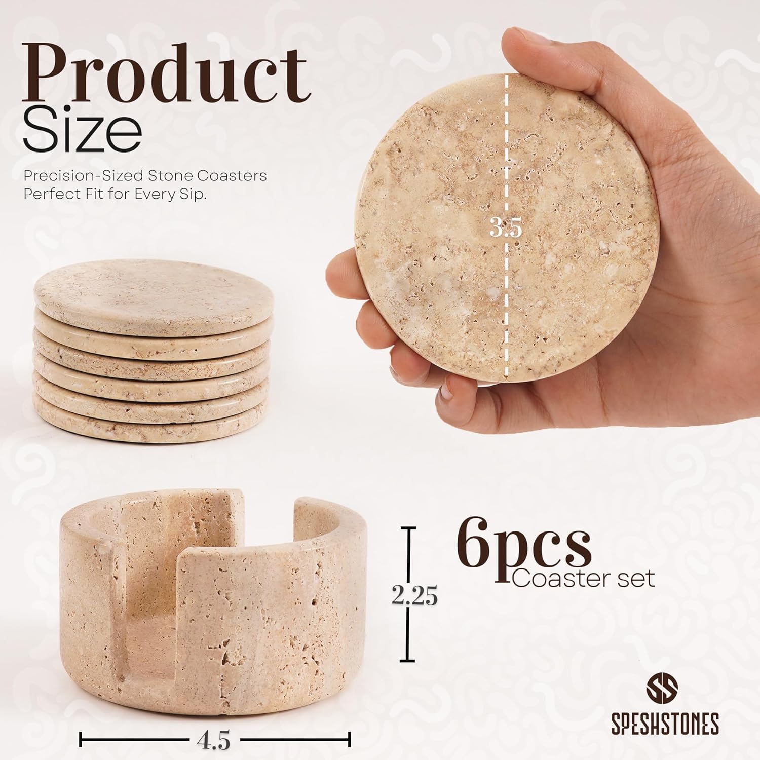 SPESHSTONES Travertijn Onderzetters, set van 6 voor dranken, 9,75 cm