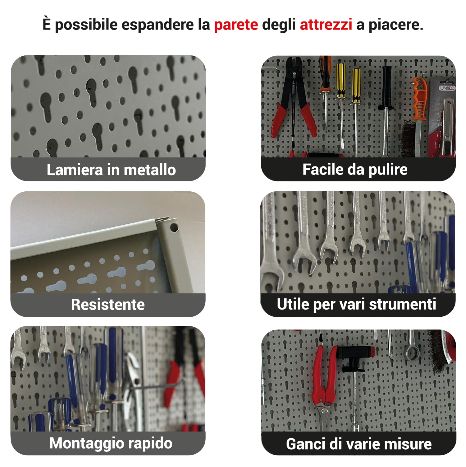 Crisalide® Pannello Portautensili Officina 100x50 cm con Kit Ganci Inclusi – Parete Porta Attrezzi in Metallo per Garage, Banco da Lavoro e Laboratorio – Organizer Utensili da Parete