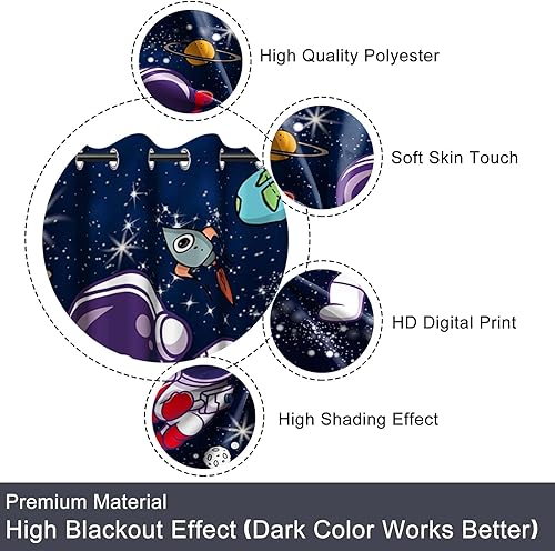 Miniatura 5 de Baocicco Cortinas opacas de astronauta para niños, diseño de dibujos animados, planeta, espacio, luna, planeta, dormitorio, sala de estar, cortinas