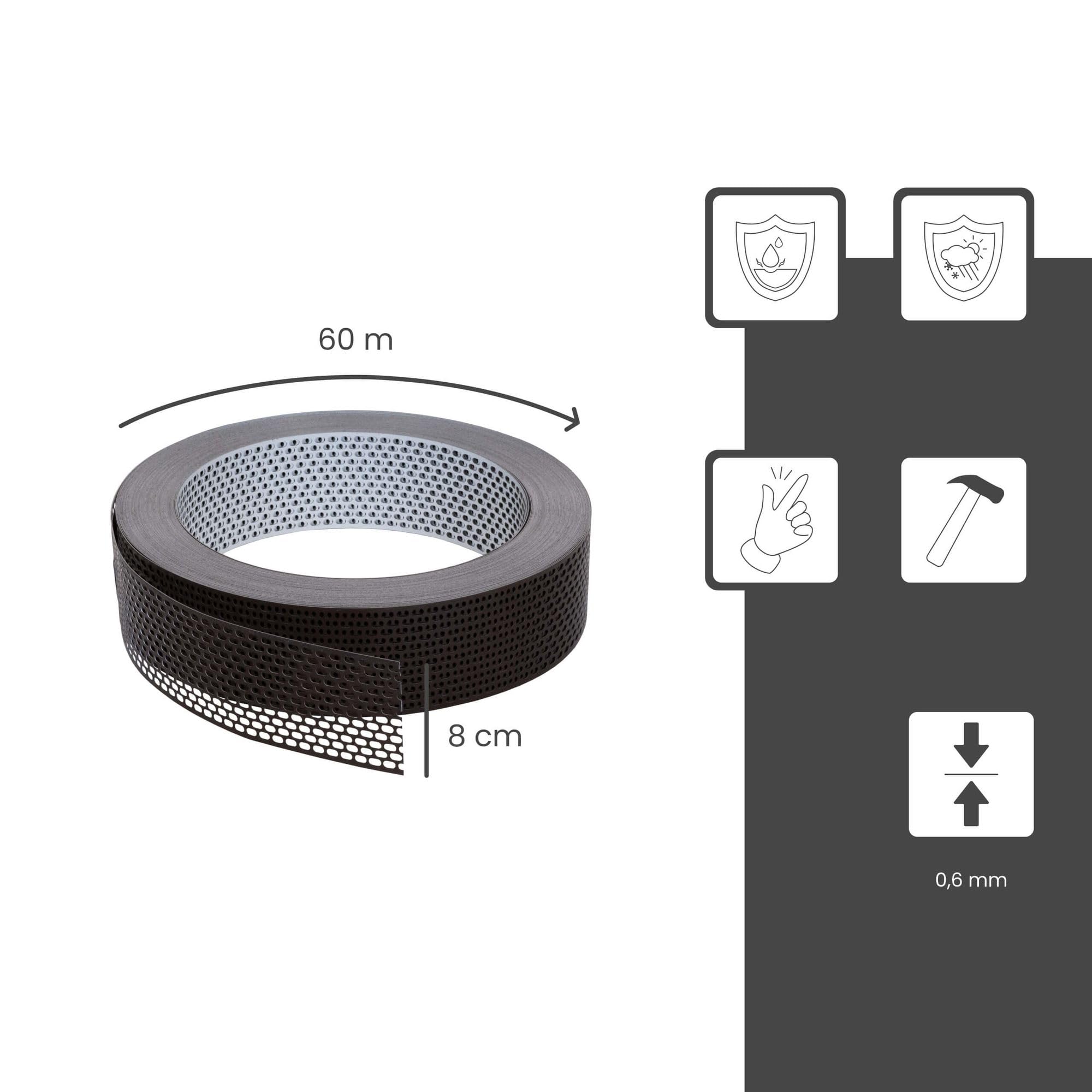 Fassadenprofile Rejilla de alero de aluminio 60 m x 80 mm blanco marrón – banda de ventilación perforada como protección anti aves para tejado y fachada