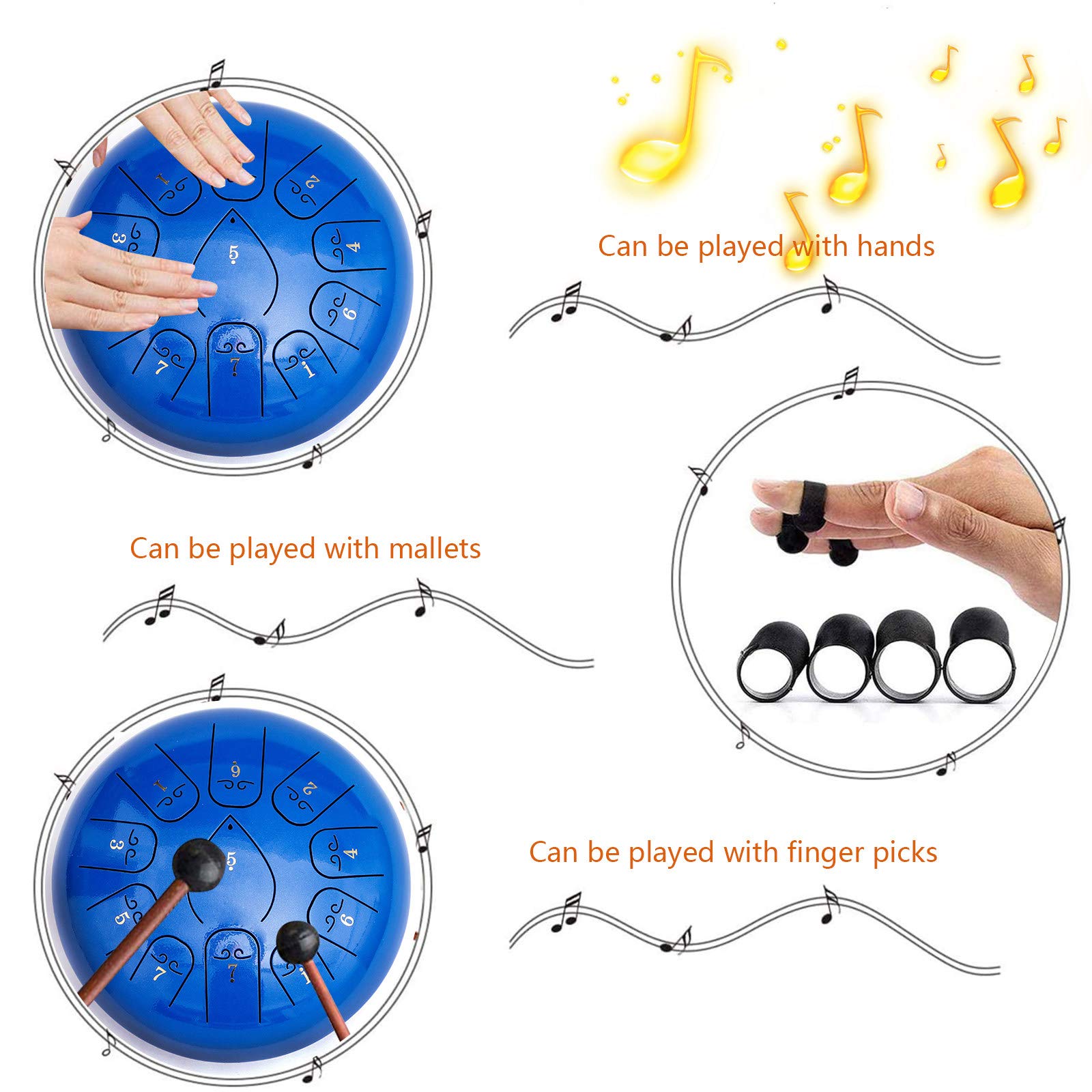 Stalowy bęben dla dzieci Dorośli, 11 nut, 12-calowy bęben Handpan z torbą podróżną Music Book Mallets, instrument perkusyjny do koncertu Mind Healing Yoga, brązowy
