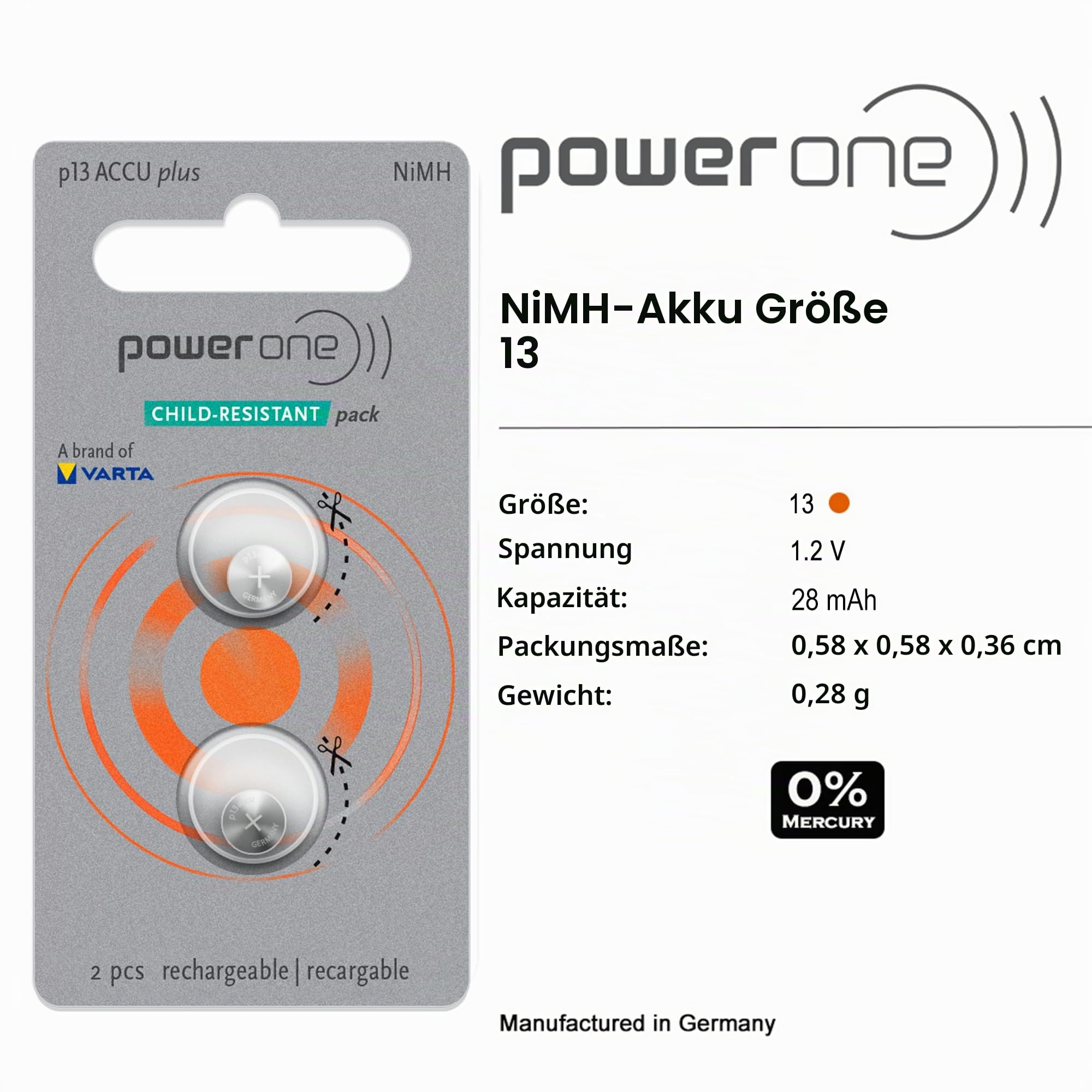 Powerone Accu 13 Wiederaufladbare Hörgeräte Batterien Größe 13