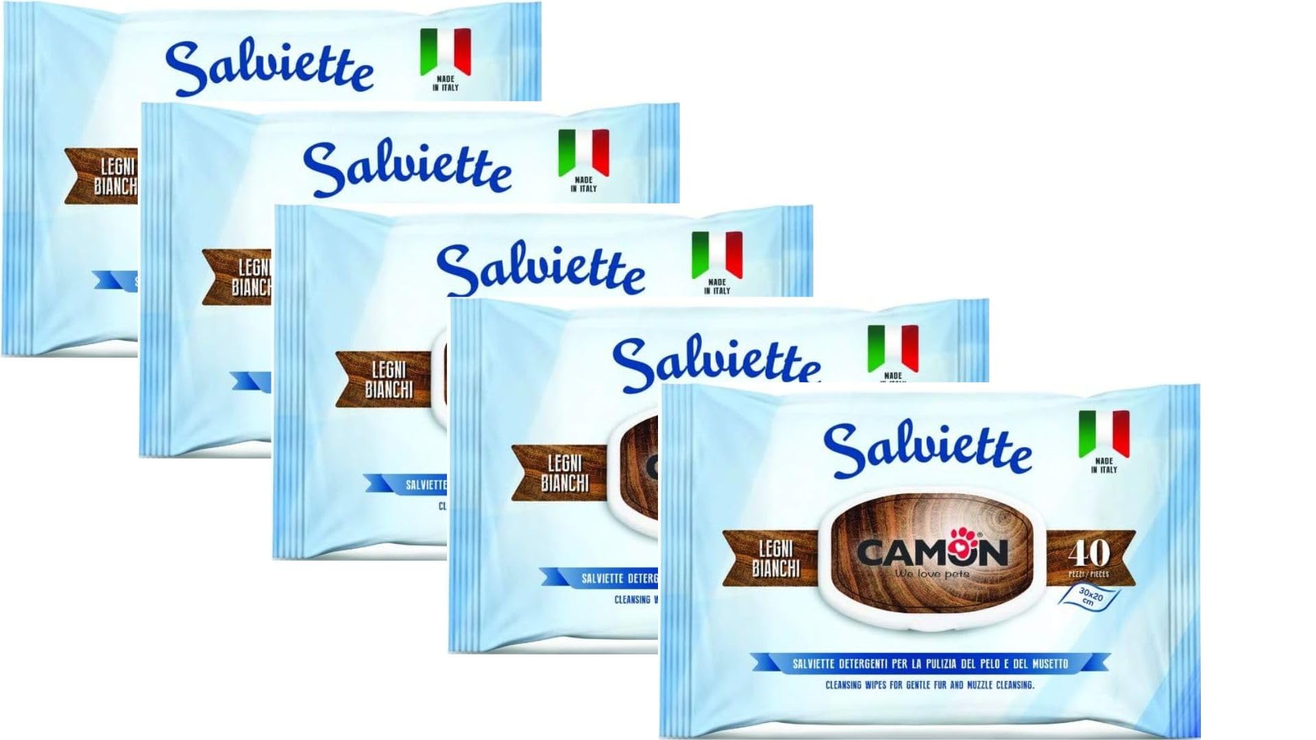 Camon - Salviette detergenti per cani e gatti, 40 salviettine (confezione da 5) (foresta bianca)