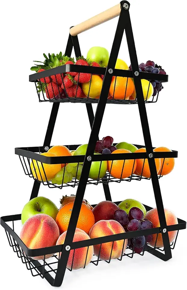 Fruteira de Mesa 3 Andares em Ferro e Madeira — Cesto Organizador de Frutas e Legumes para Bancada de Cozinha, Desmontável, 32x18x46cm, Preta