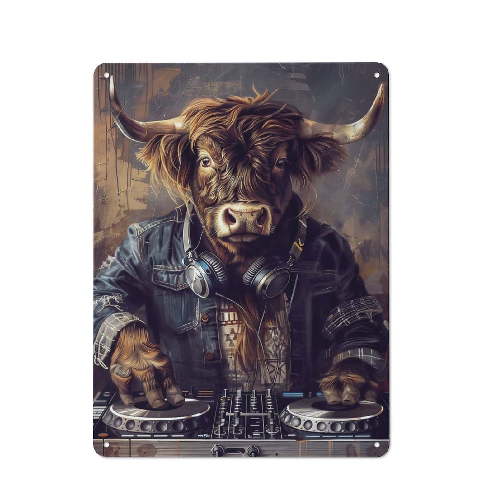Junmoney Dj Bull Illustration Retro Metal Sign 40X30cm For Garden Room Or Summerhouse, For Garden Room Decor Fans