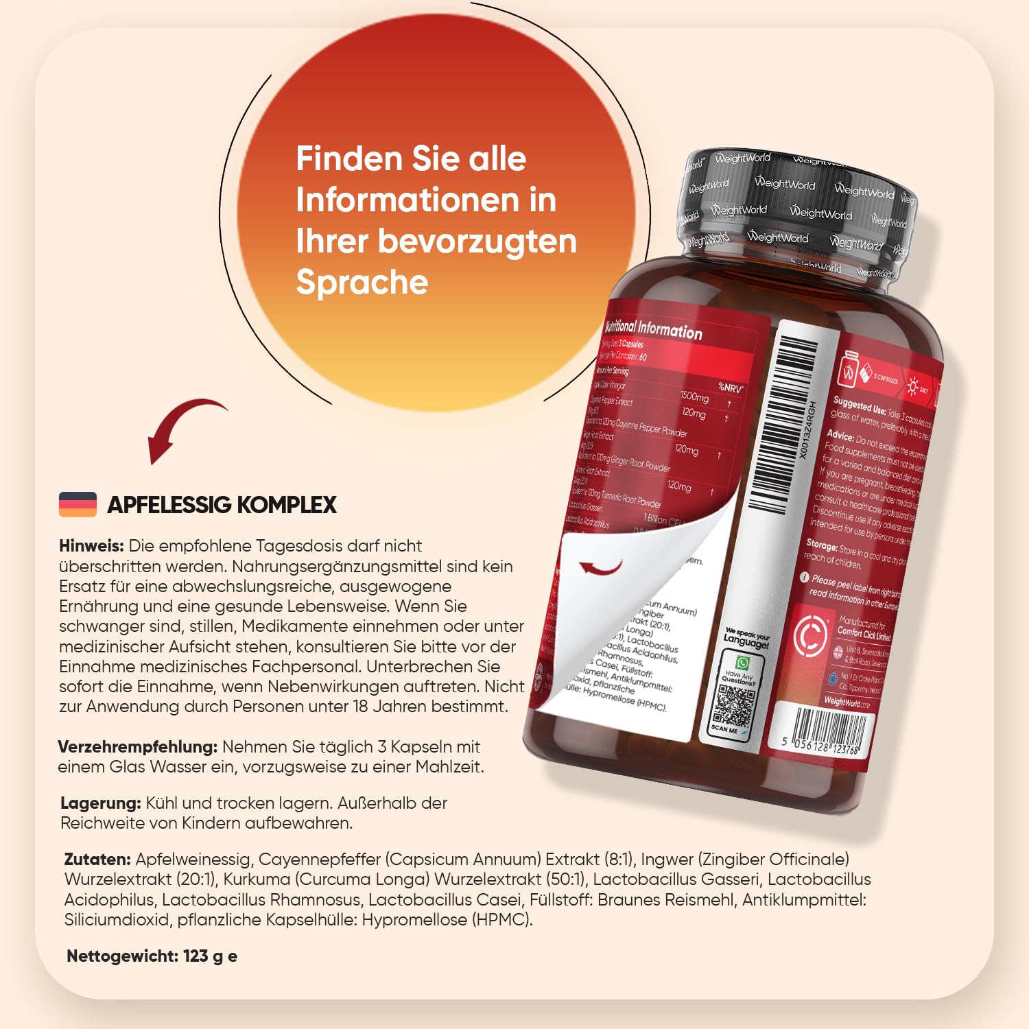 WeightWorld Apfelessig Komplex - 1860mg pro Portion - Aus Muttersaft | 2 Mrd. KBE Bakterienstämme, 180 Kapseln, 2 Monate, Apple Cider, Kurkuma, Ingwer, Cayennepfeffer, Lactobacillus Gasseri