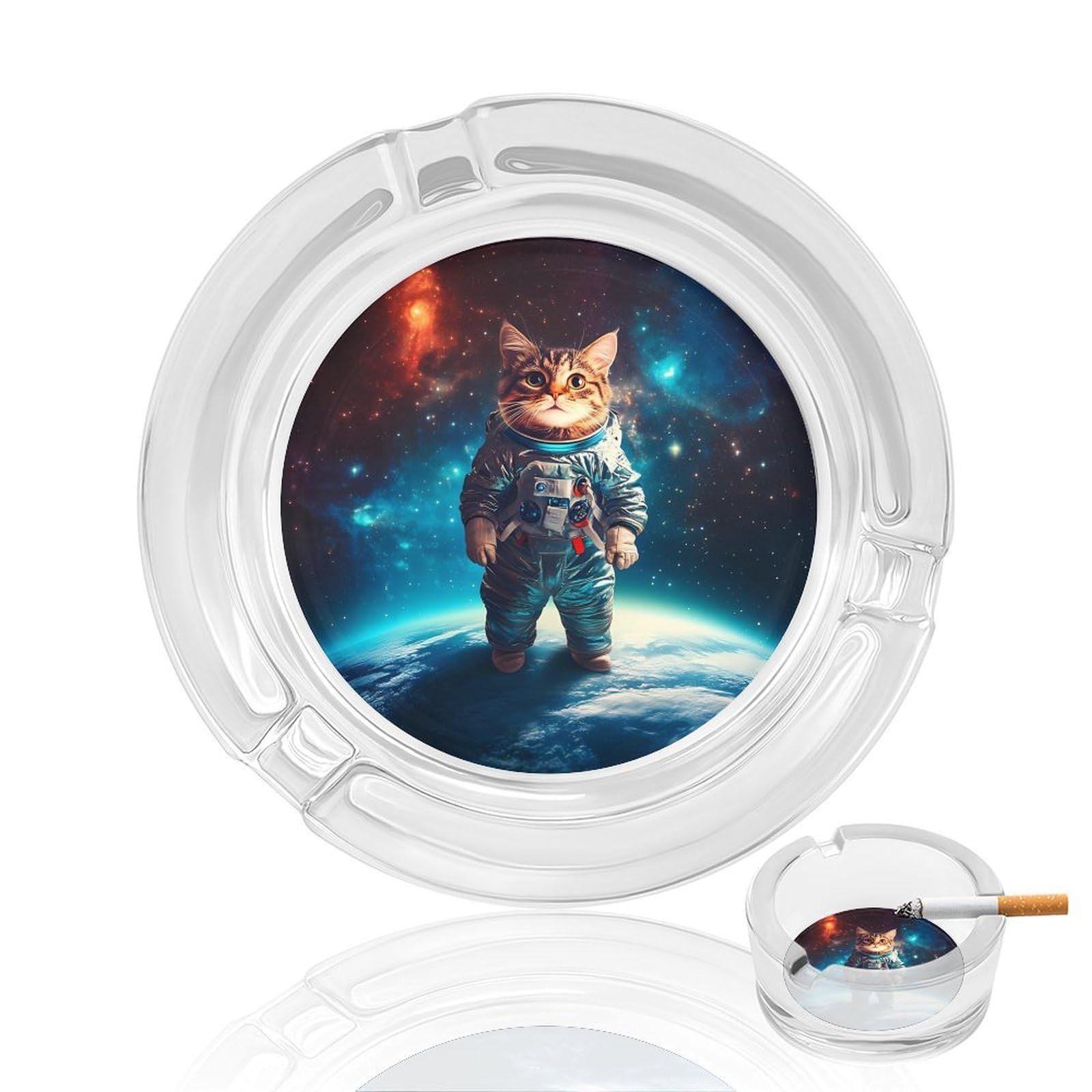 Astronaut Cat Galaxy-Spacees Ashtray Portable Round Glass Outdoor Ash Tray for Home Office Garden Pub