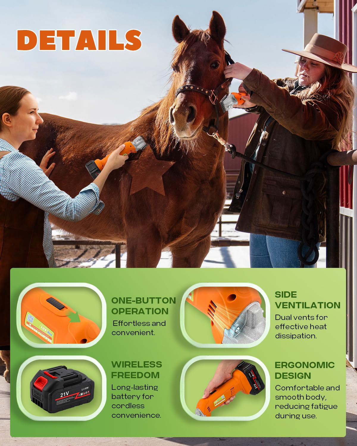 Kit per la toelettatura dei cavalli, senza fili, resistente, a 6 velocità, professionale, con 2 batterie al litio da 21 V 4 Ah, per rasatura di cavalli, pony, bovini, cani di taglia grande