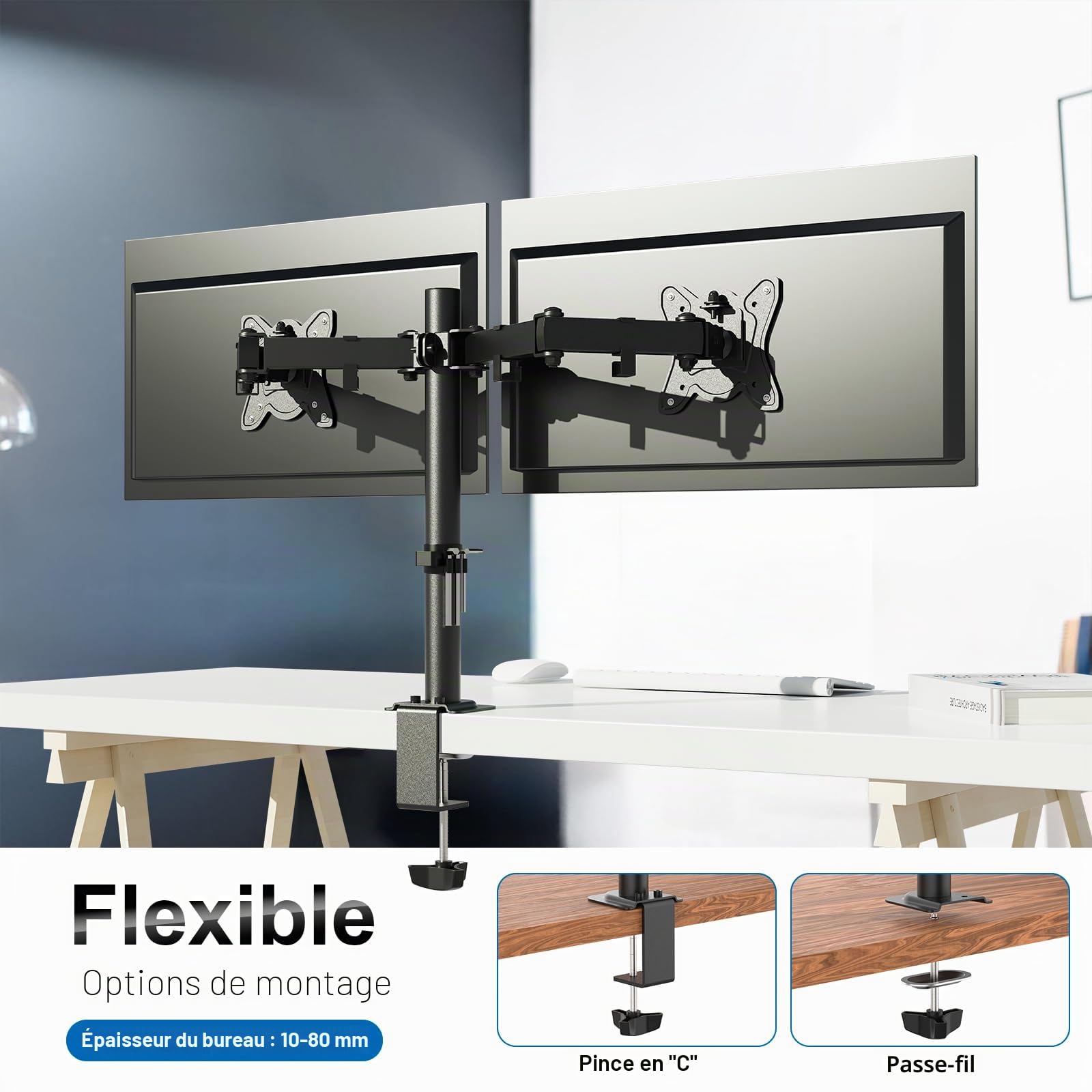 GRIFEMA Support Double Ecran PC 13-27 Pouces Bras Réglable Hauteur Inclinaison 90° Rotation 360° Poids 10KG VESA 75/100 MM Noir