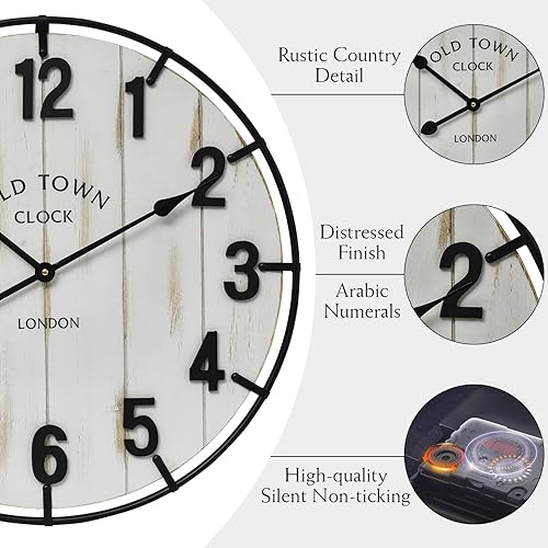 Miniatura 5 de Reloj de pared grande con diseño de casa de campo antiguo de 24 pulgadas, madera rústica antigua con círculo de metal y números grandes, reloj