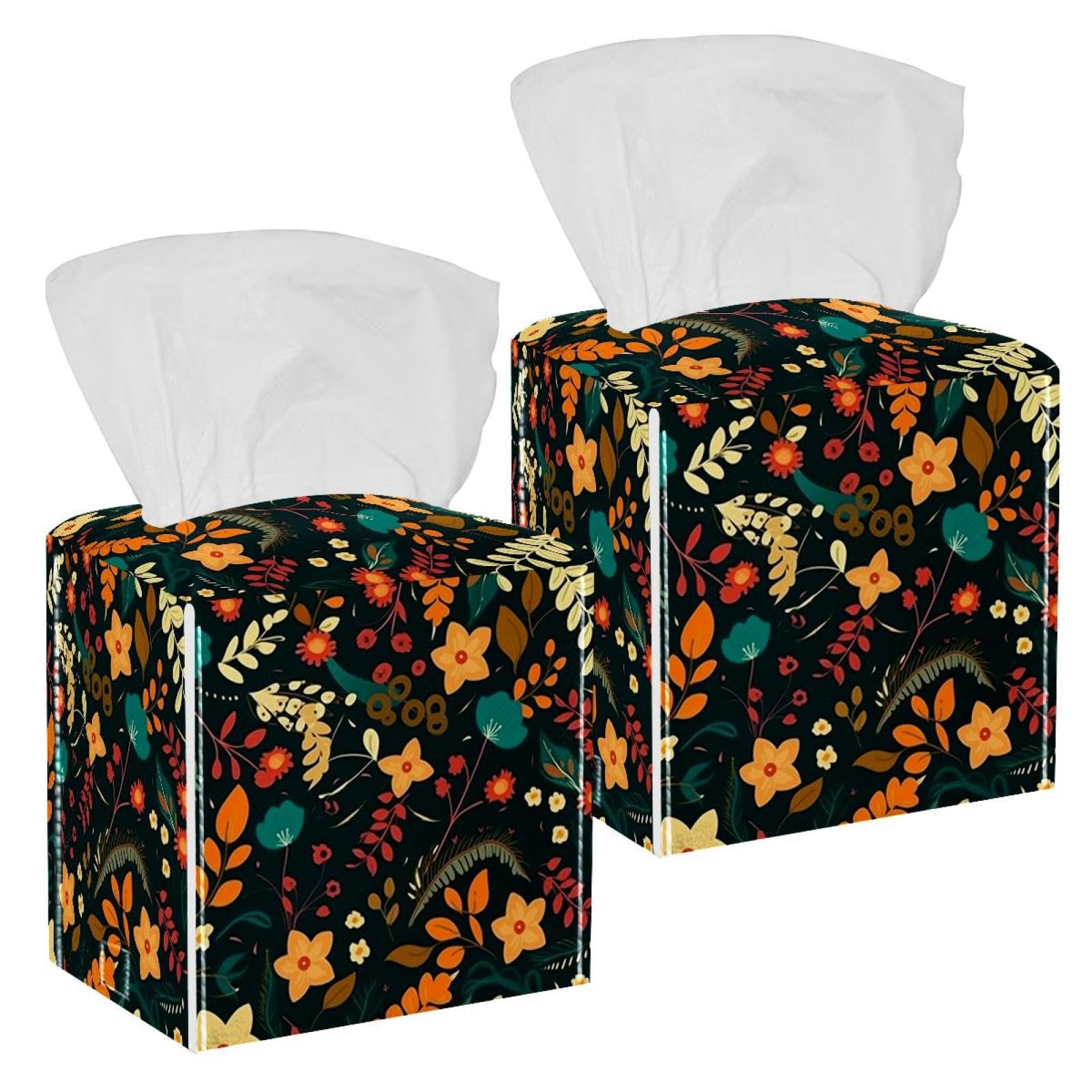 Artistic Leaves Tissue Box Cover, 2 Pack PU Leather Square Facial Tissue Dispenser Box holder for Home Office Car