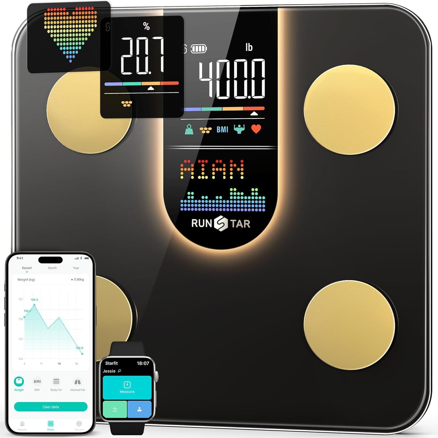 Product image of RunStar Scale for Body Weight, Smart Scale with 8-in-1 VA Display, High Precision Bathroom Digital Scale for Body Weight Heart Rate BMI Body Fat 22 Body Composition Sync APP, FSA&HSA Eligible