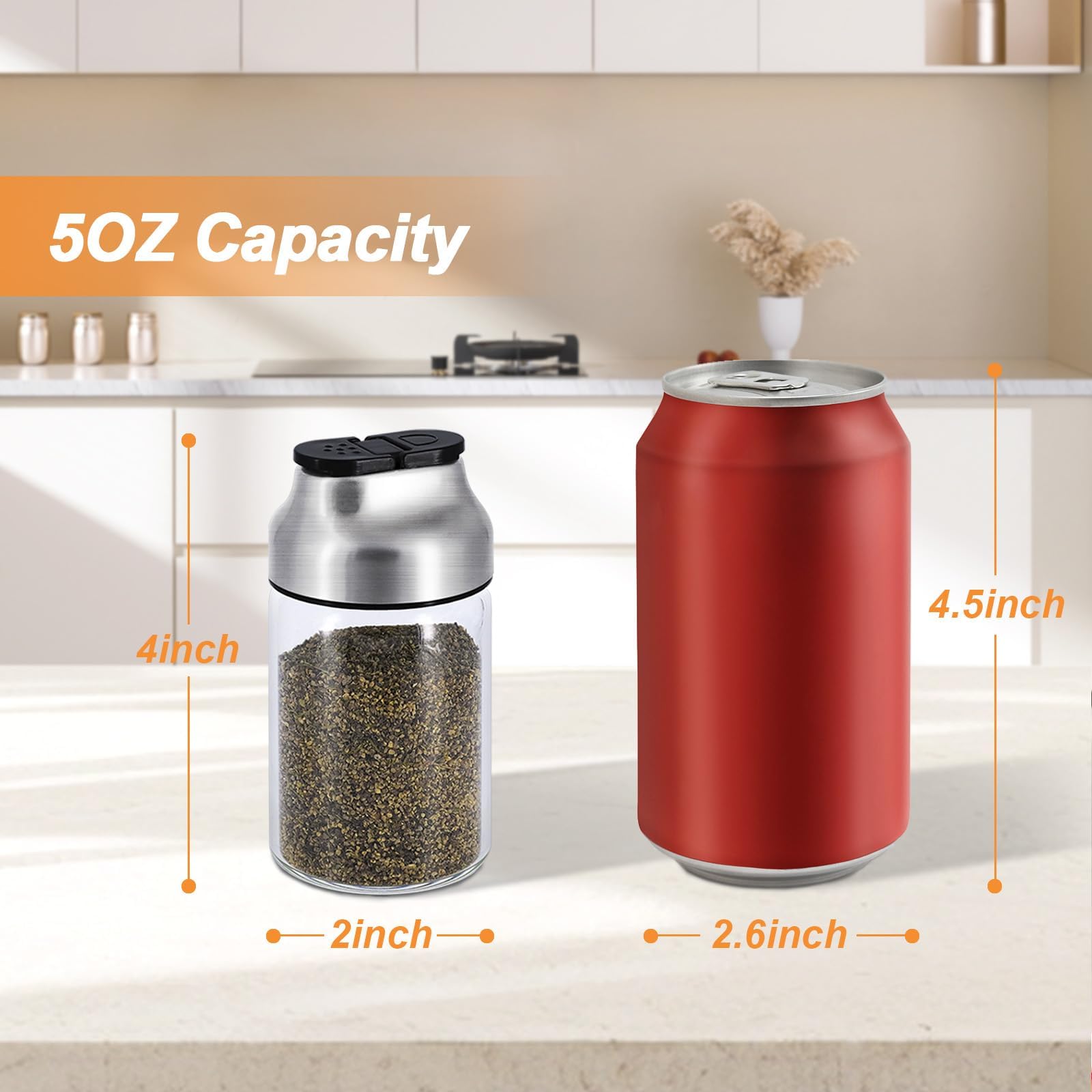 Aelga Juego de salero y pimentero, salero de vidrio de 5 onzas con agujeros de vertido ajustables, dispensador de azúcar con tapa de acero inoxidable, elegantes accesorios de mesa de cocina
