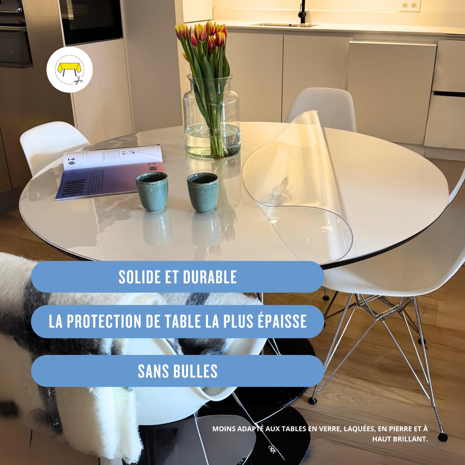 Trente Nappe Transparente Ronde 75 cm Ø – Épaisseur 2mm – Protection de Table Anti-Tache avec Bords Inclinés – Toile Cirée Lavable et Résistante – Nappe Plastique pour Intérieur et Extérieur
