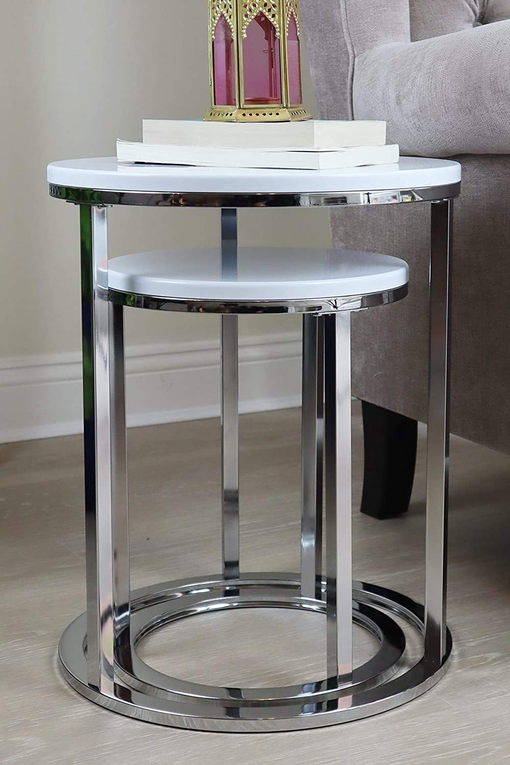 E2B Norsk Nest of 2 Round Tables With White Tops and Chrome Base Add Some Style in Your Living Room