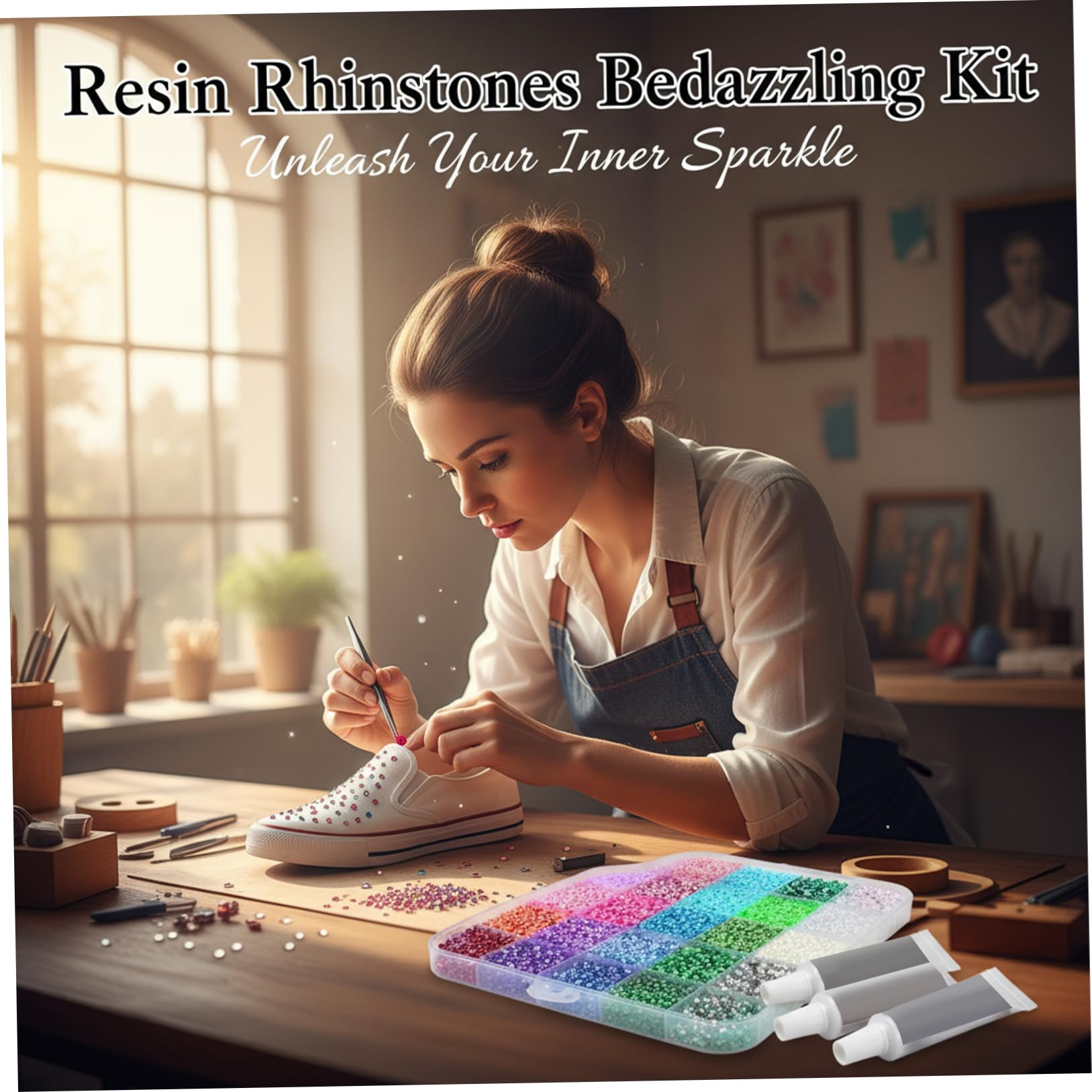 Kit Bedazzling, 32000 piezas de diamantes de imitación de resina con 3 piezas de pegamento de 10 ml, diamantes de imitación coloridos de 0, 3 cm Bedazzler para manualidades, ropa, tazas, zapatos, tela
