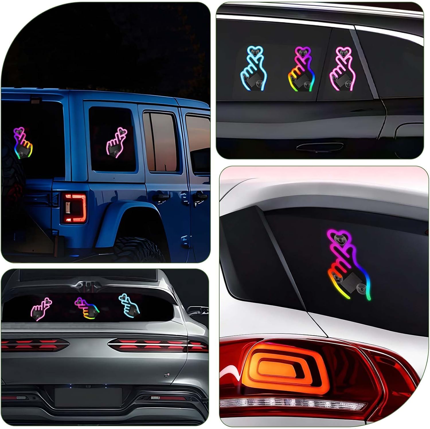 Solar Powered Car LED Ambient Light - Finger Heart Neon Accent for Rear & Side Windows, 5 Modes, Romantic Gift for Christmas, Valentine's Day, Anniversary, Date Night (Pink)