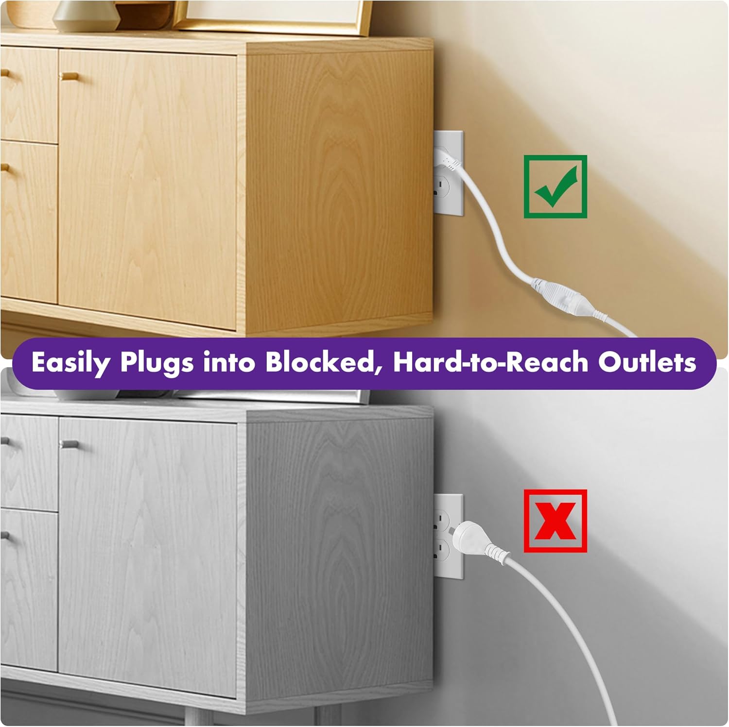 POWERCORDS 3-Prong Extension Cords, 1FT, 2-Pack – Flat Angled Power Plug, Heavy-Duty 16 AWG, UL Certified, Short Extension Cord for Tight Spaces, Low Profile Flat Plug Short Extension Cord, 1 Foot