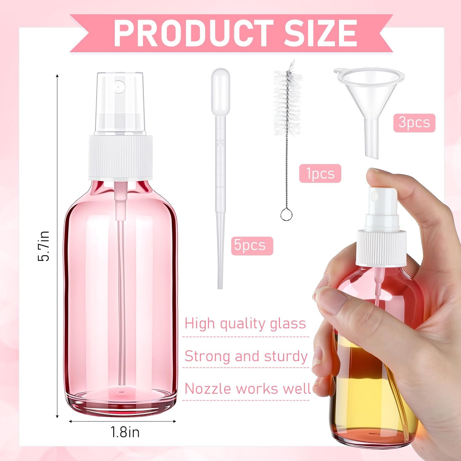 Nuogo 50 Pieces Mini Glass Spray Bottles Bulk 4 Oz Fine Mist Bottles with Funnel Dropper and Cleaning Brush Refillable for Essential Oils, Perfumes and Aromatherapy (Pink)