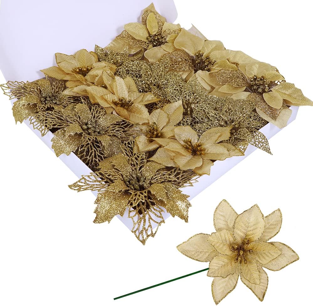 24 Pcs 4 Styles Christmas Gold Metallic Mesh Glitter Artificial Poinsettia Flower Stems Tree Ornaments in Box for Gold Christmas Tree Wreaths Garland Floral Gift Winter Wedding Holiday Decoration