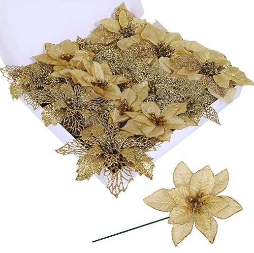 24 Pcs 4 Styles Christmas Gold Metallic Mesh Glitter Artificial Poinsettia Flower Stems Tree Ornaments In Box For Gold Christmas Tree Wreaths Garland Floral Gift Winter Wedding Holiday Decoration #TOP3