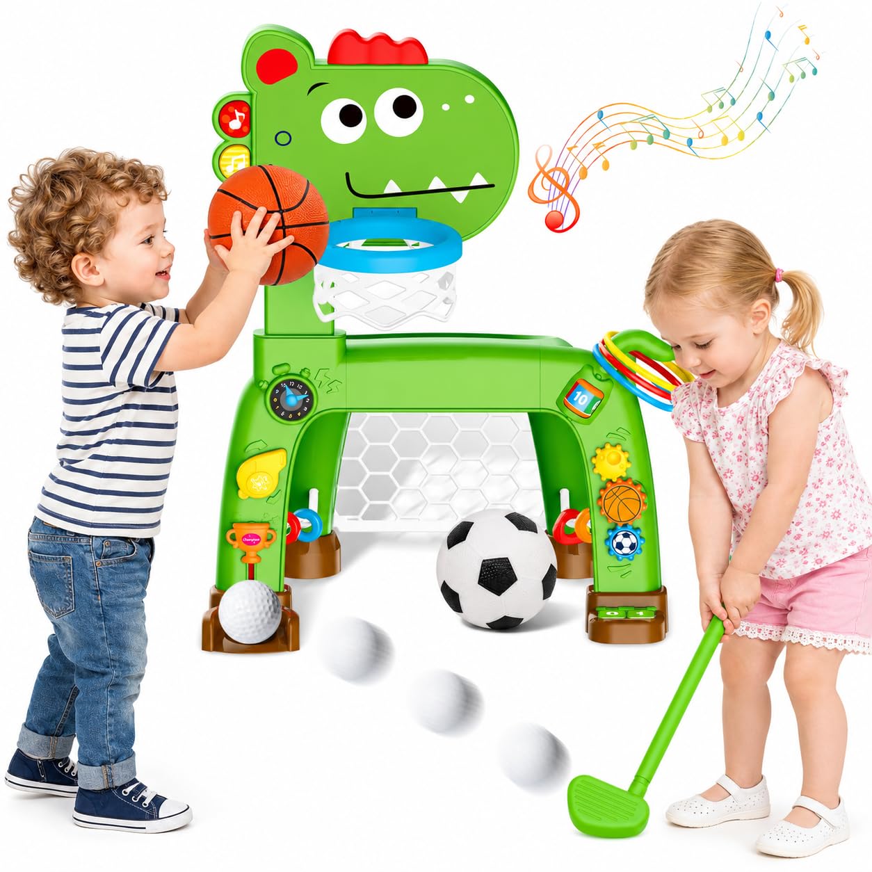 Toddlers Basketball Hoop Soccer Goal with Golf Game and Ring Toss, Dinosaur Toys for 1 2 3 Year Old Babies Boys Girls, 4 in 1 Sports Toy with Light Sound Music, Xmas Birthday Gifts for Toddlers