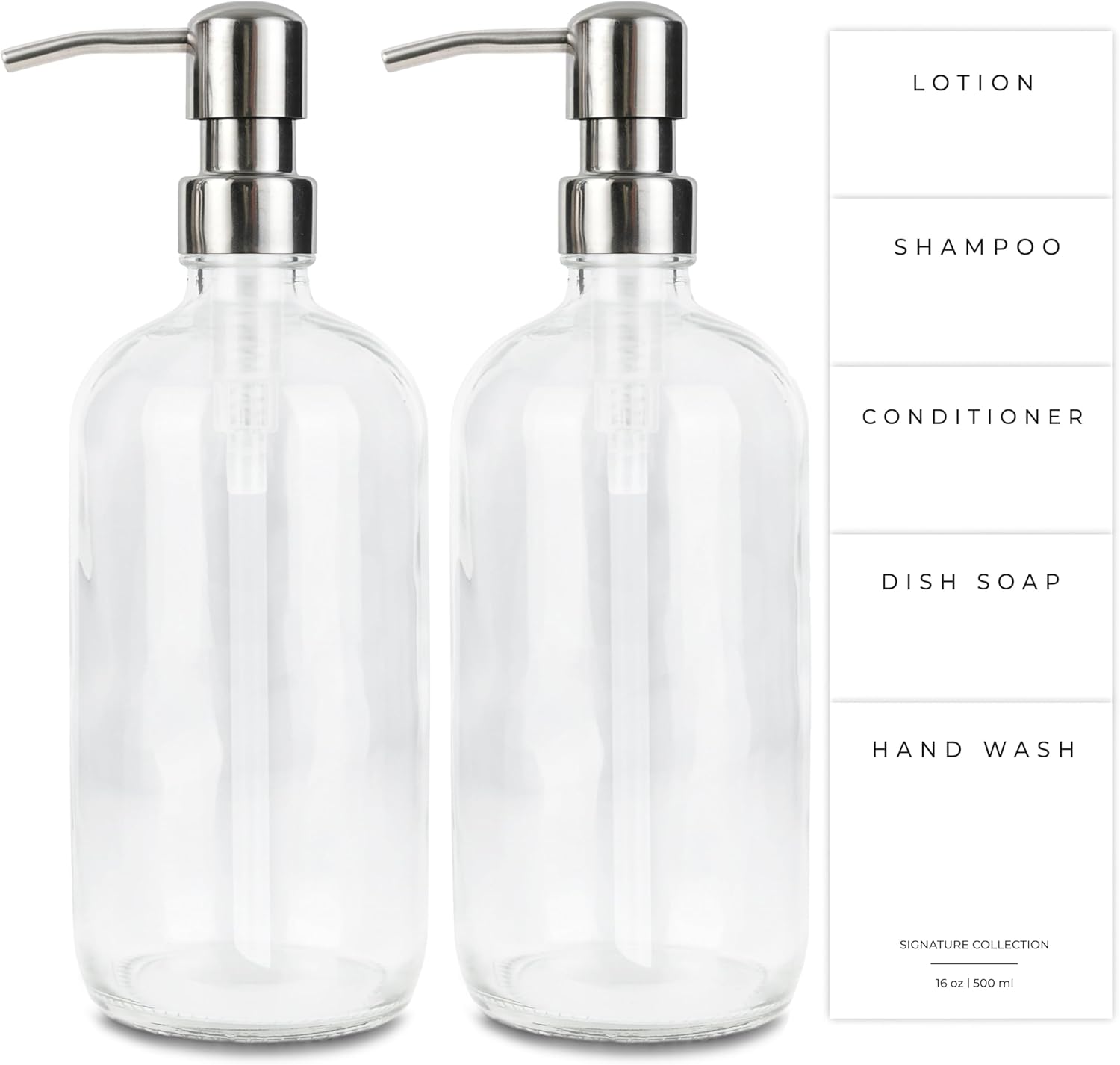 Emerson Essentials Glass Soap Bottle Dispensers, 2 Pack, Stainless-Steel Pumps Rust-Free, Hand Set for Bathroom Kitchen Sink, Liquid Lotion Shampoo Jars with 4 Waterproof Labels, 16 Oz Chrome