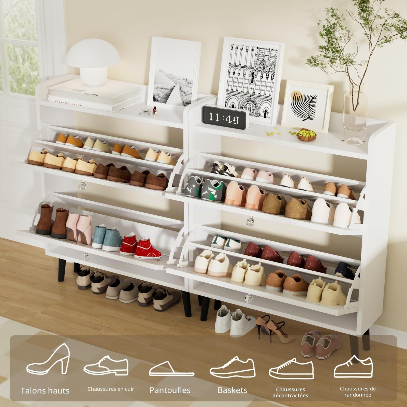 VOWNER Meuble à Chaussures, Armoire Rangement Entrée, Blanc, 80x100cm