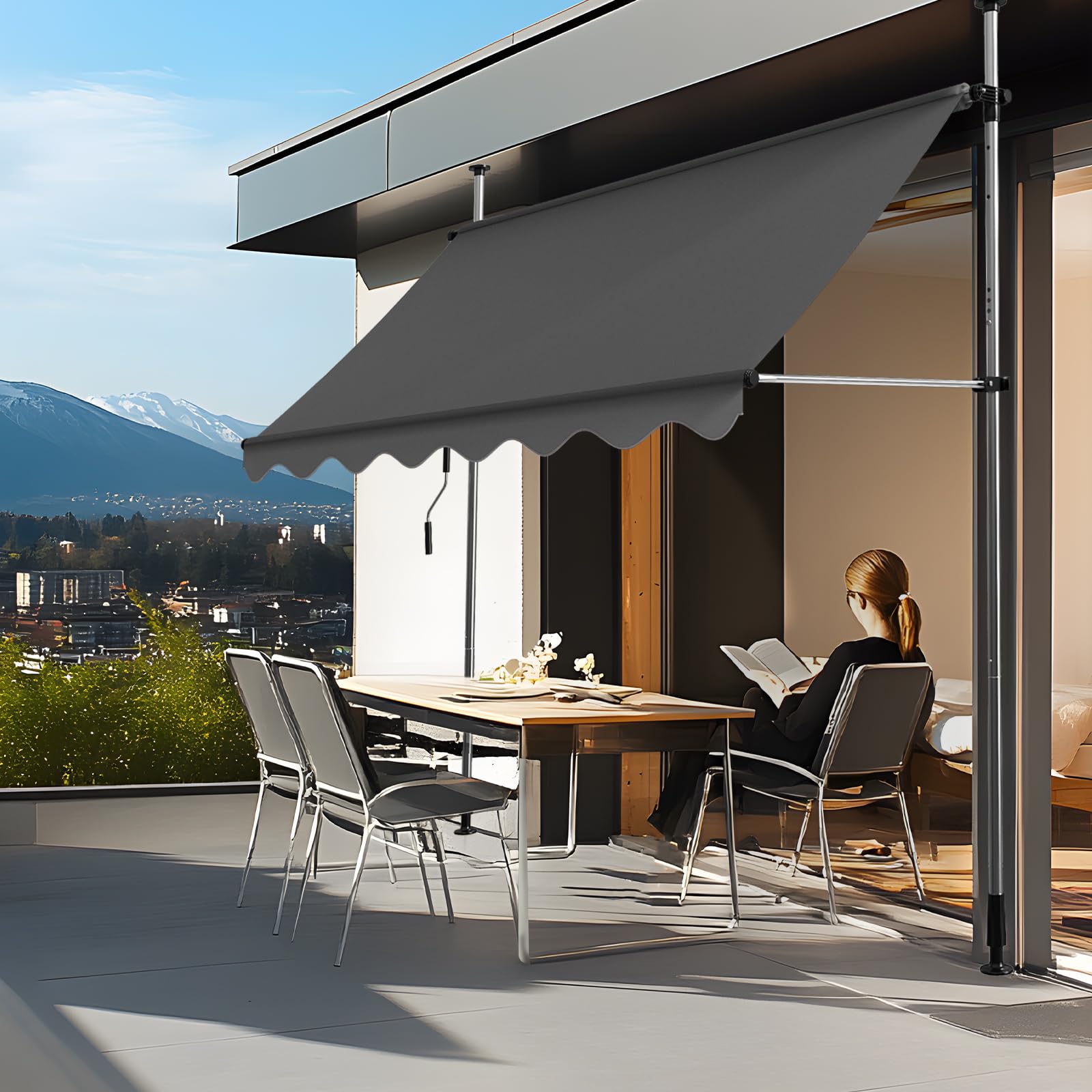 Store Banne Rétractable Terrasse 200x120cm, Store de Balcon-Hauteur Réglable Manuel, Auvent de Patio sans Perçage, Store Téléscopique Extérieur UV Résistant, Marquise de terrasse, Gris Foncé