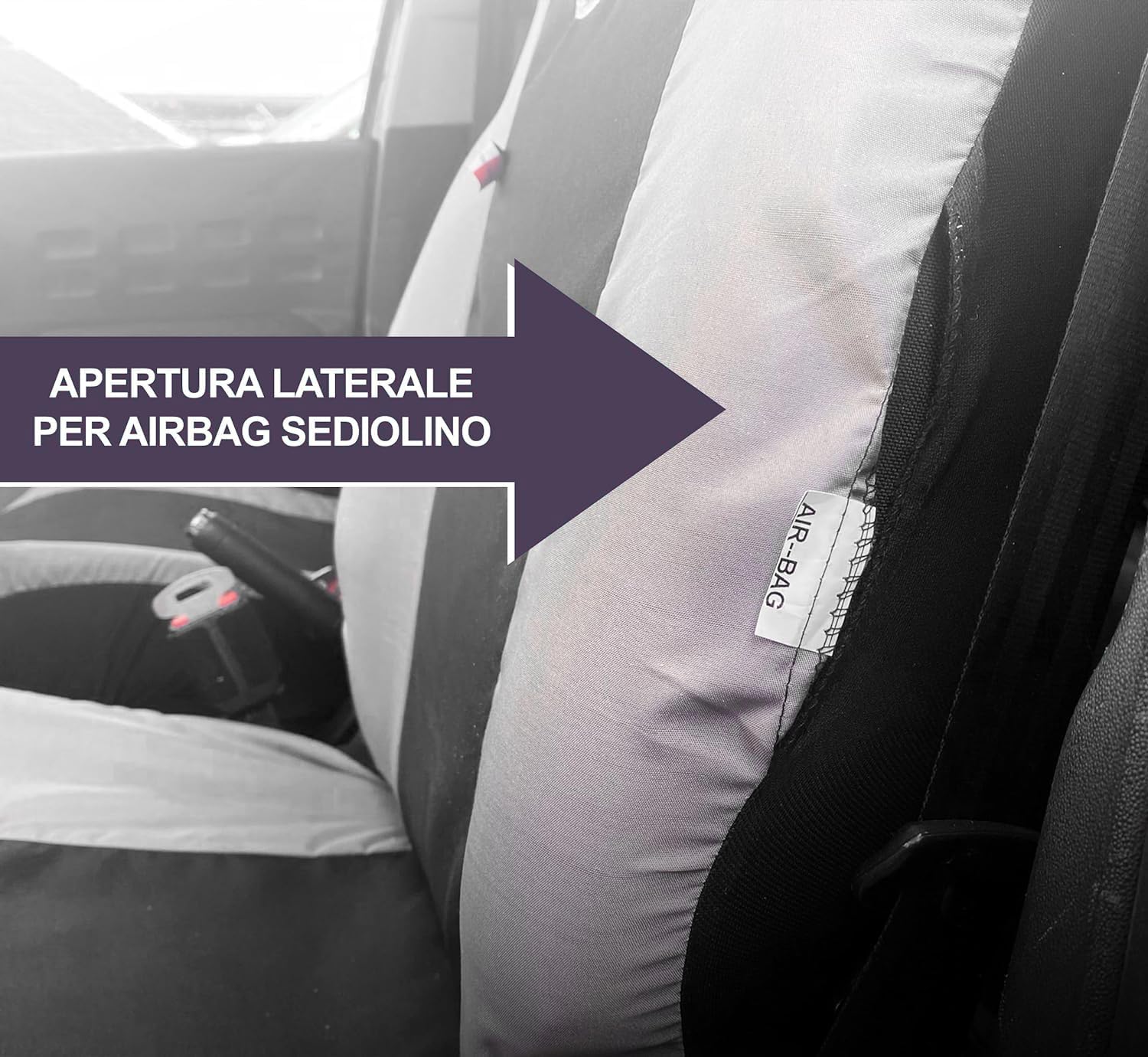 Rebeca Shop® Autositzbezüge kompatibel mit Cinquecento 500, hergestellt in Italien, Polyester-Baumwollgewebe, Set vorne und hinten (Schwarz/Dunkelgrau, hinten 50/50 mit Logo)