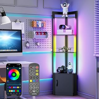 5-Tier Corner Shelf with RGB LED Light, 65" Tall Display Cabinet with Storage, Remote & APP Control, Adjustable Brightness/Color Temp, Floor Lamp with Shelves for Living Room Bedroom (Black)