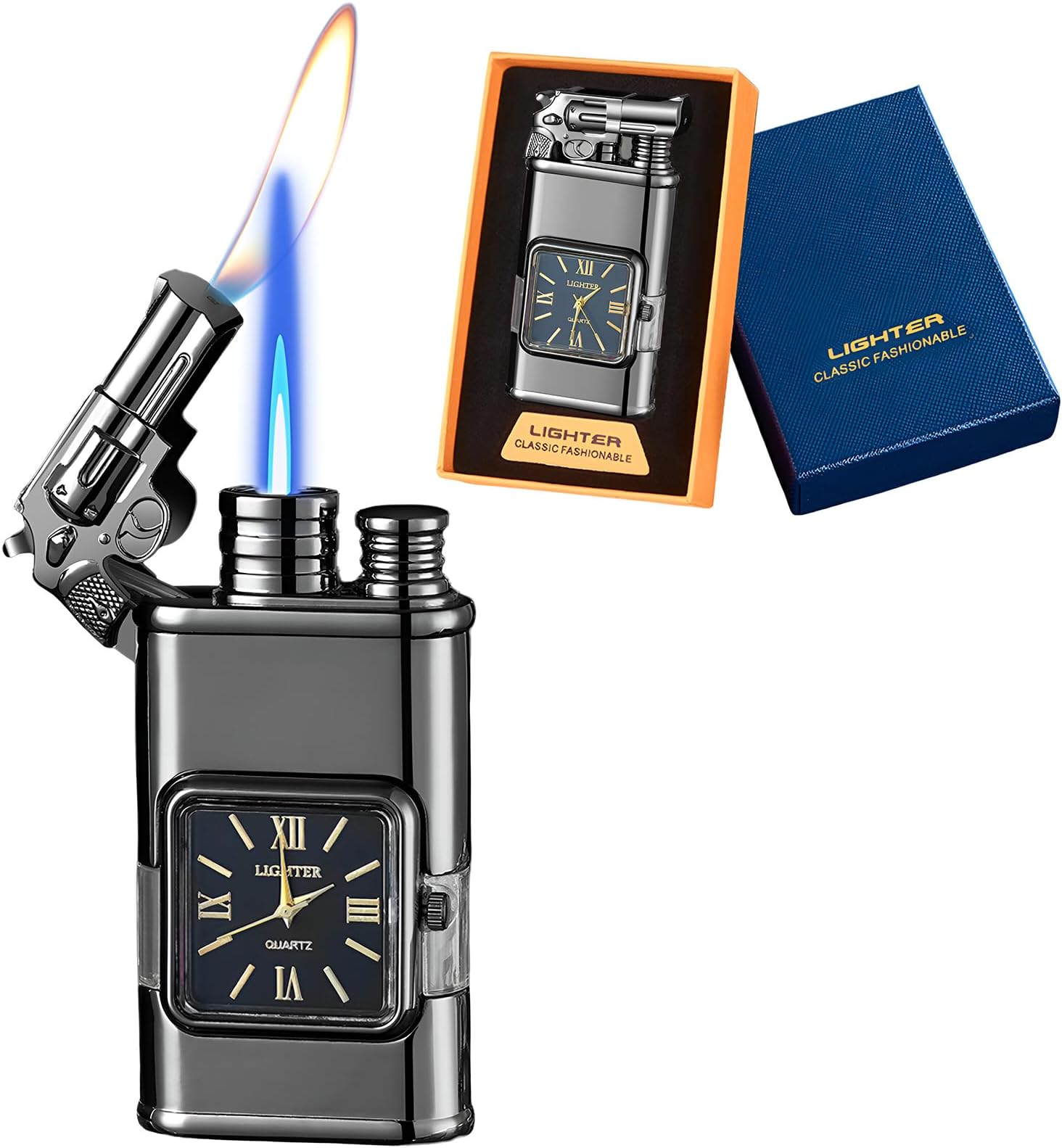 Torch Lighter, Magic Dual Flame Lighter with Cool Design, Windproof Lighters with Visible Fuel Tank, Adjustable Flame Refillable Butane Lighter for Men Women Friends Gifts (Without Butane)- Black-g