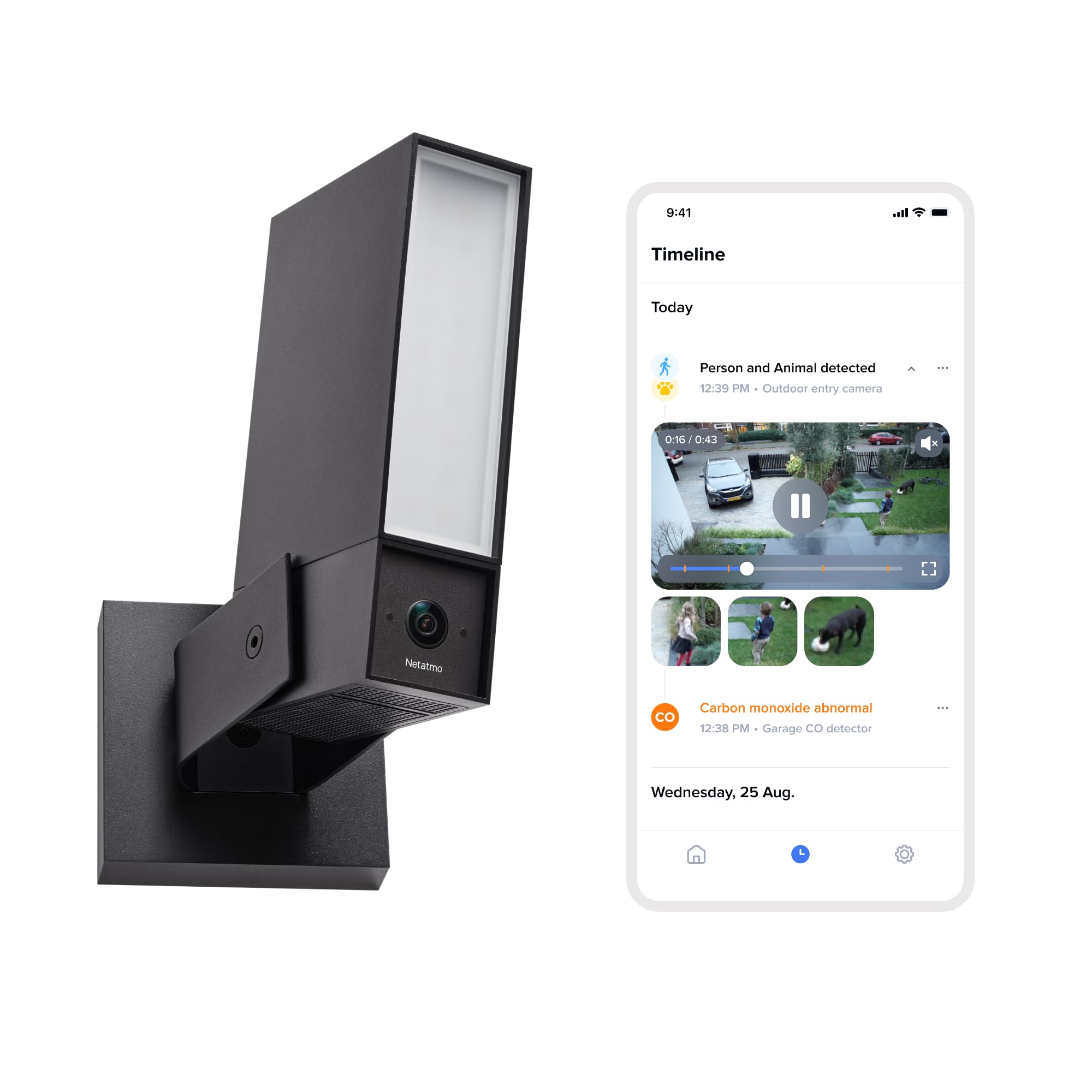 NETATMO Cámara de Vigilancia Exterior. WiFi 5 GHz, 2K HDR, Detección IA Personas/Vehículos/Animales, Proyector LED 12 W, Sirena Integrada 105 dB, Almacenamiento Local, Sin suscripción, Negra﻿, NOC-2-A