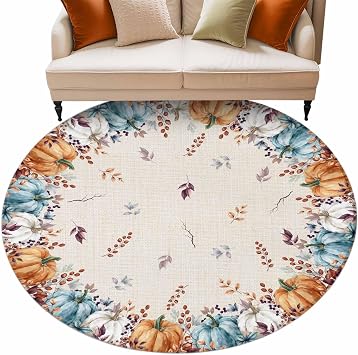 Fall Round Area Rug 5ft Autumn Harvest Pumpkin Rug Soft Sofa Nursery Carpet Floor Mat Area Rugs for Indoors/Outdoor Living Room Bedroom Dining Room Patio Thanksgiving Blue White Orange PumpkinLeaves