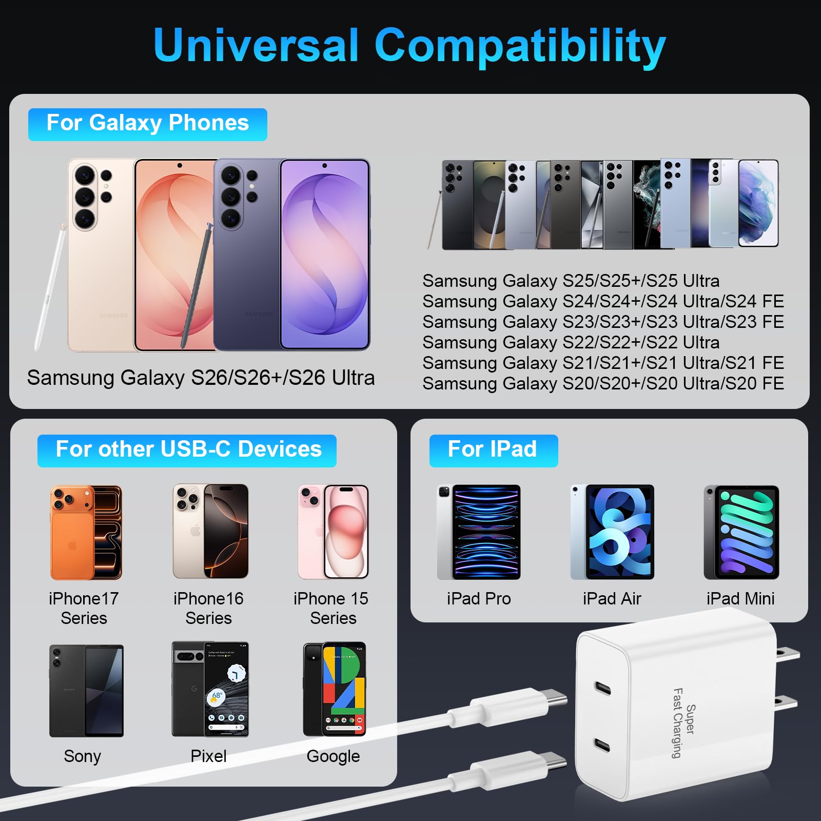 16 caricabatterie a ricarica rapida, 45 W USB C doppia porta super veloce blocco di ricarica per telefono con cavo di ricarica tipo C lungo 3 m per telefono 16 Pro/16 Pro Max/15 Plus/15 Pro/S25 Ultra
