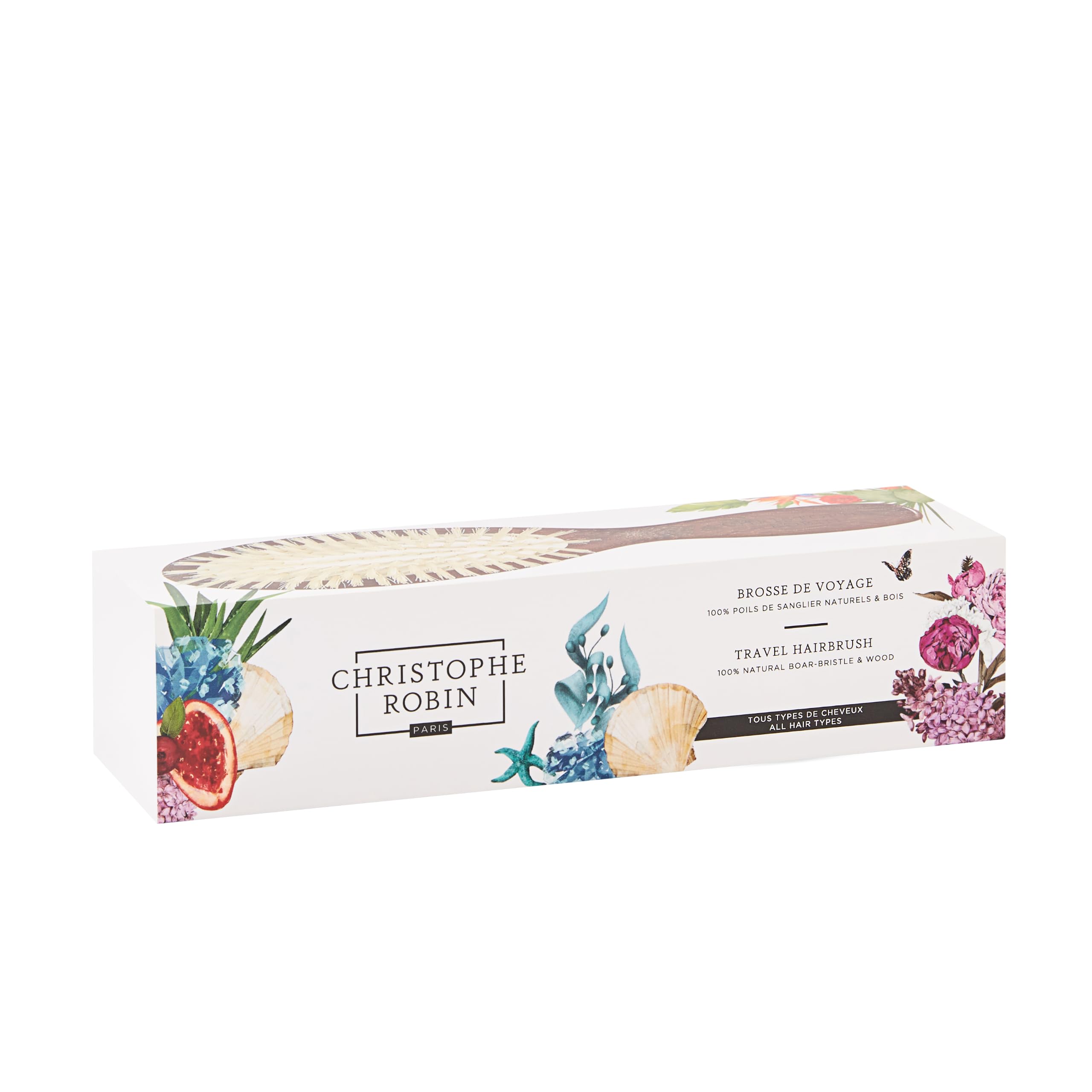 Christophe Robin Natural Boar-Bristle Travel Hairbrush | Travel boar-bristle brush that gently detangles, smooths and boosts shine for all hair types.
