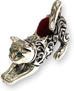 Victorian Style Collectable Filigree Pattern Cat with Emerald Eyes Pin Cushion 925 Sterling Silver Sewing Needle