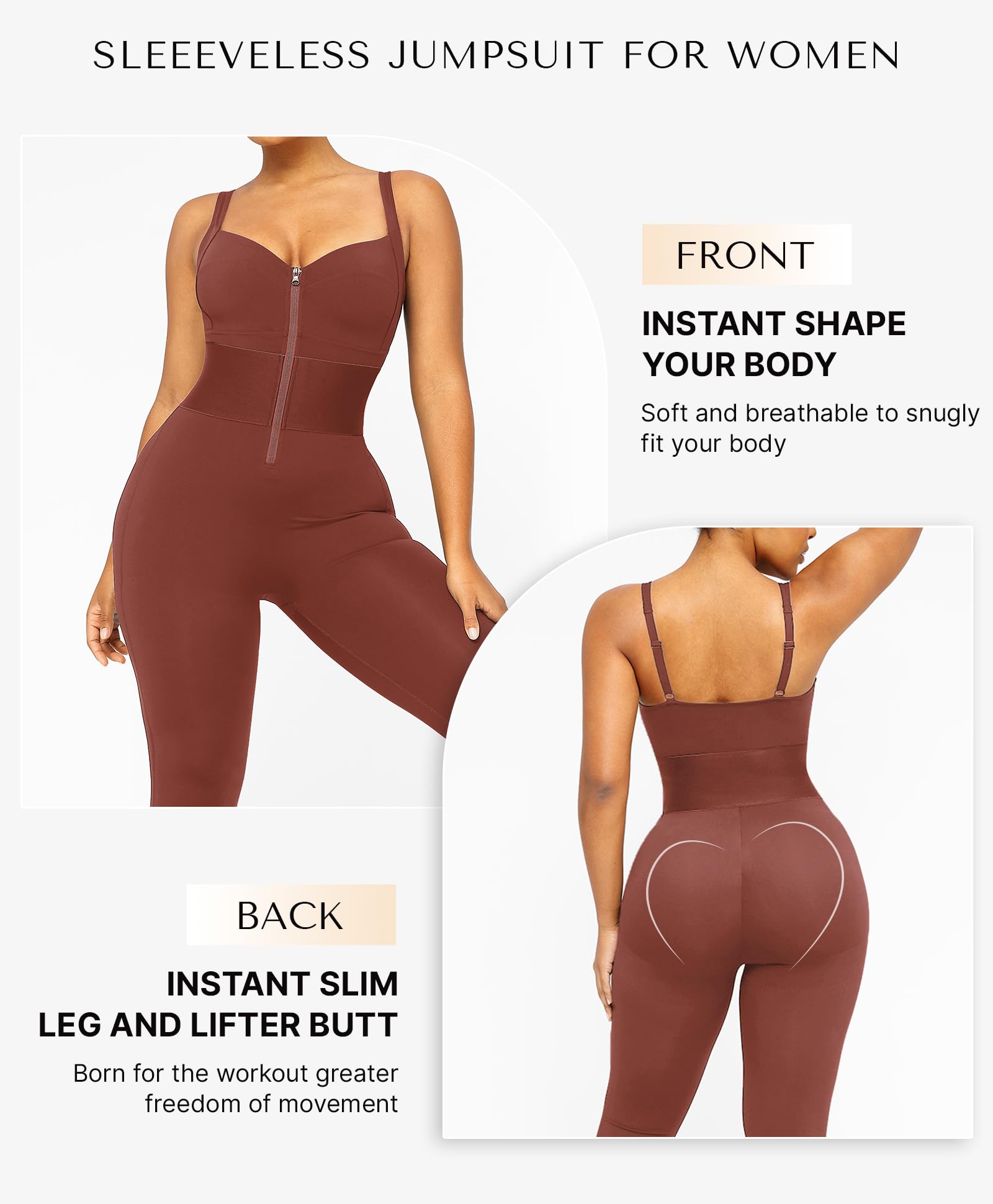 SHAPELLX Jumpsuits for Women Tummy Control One Piece Outfit Yoga Athletic Rompers Sleeveless Bodycon Shapewear: Brown X-Large