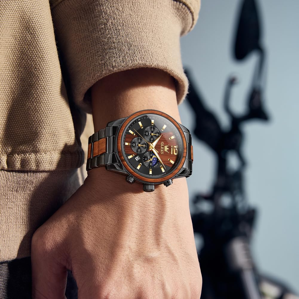 OLEVS Montre chronographe Homme à Quartz Japonais : Bracelet en Bois Massif ou Acier Inoxydable, étanche, Classique et élégante - Cadeau Parfait pour Homme