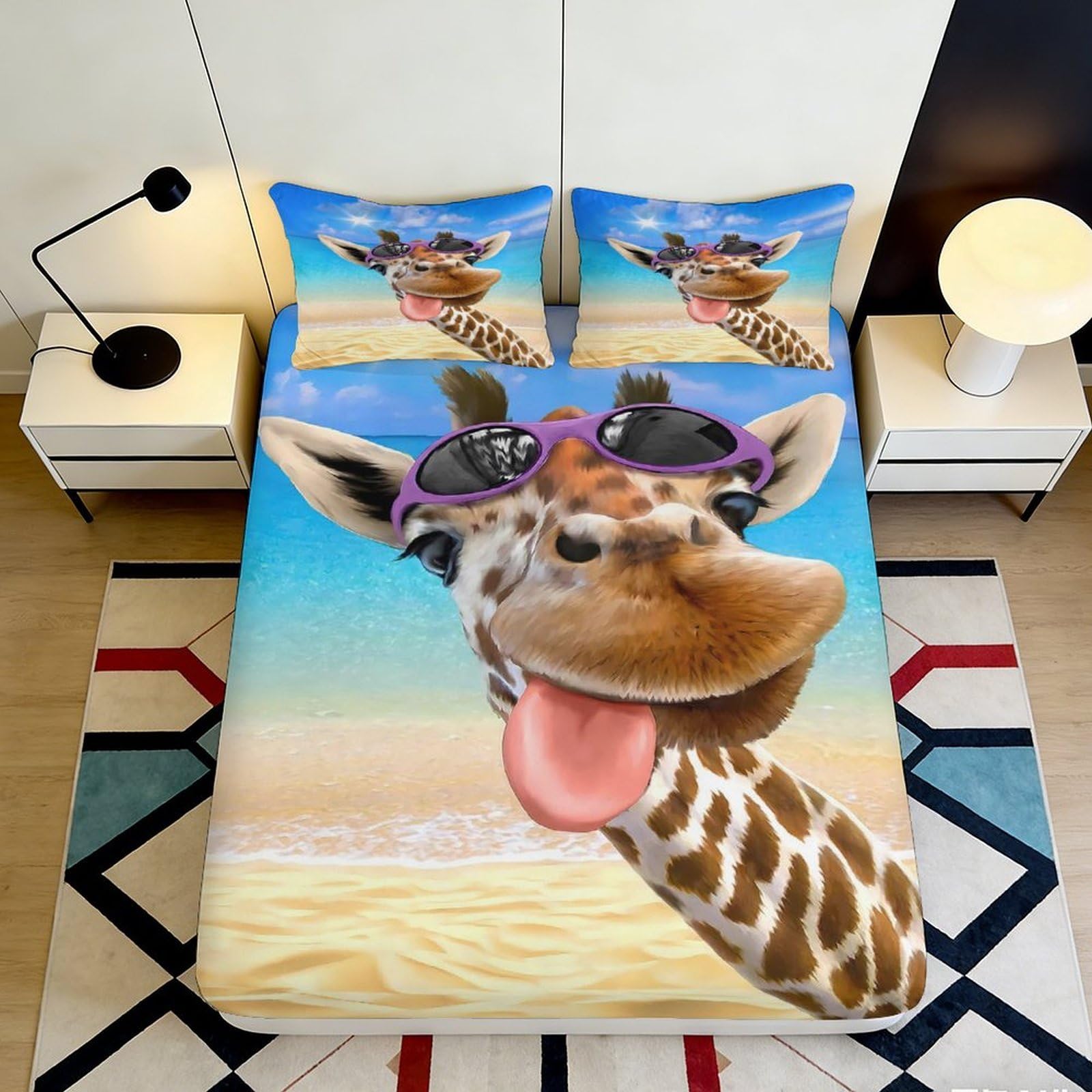 3D Printed Cartoon Giraffe Fitted Sheet Microfiber Vibrant Sunglasses Animal Bed Cover for Bedroom Guest Room Decor 90x200x25cm