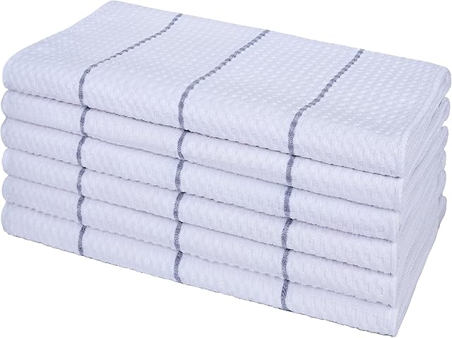 POLYTE Ultra Premium Microfibre Kitchen Dish Tea Towel Waffle Weave, 6 Pack (40x71 cm, White w/Grey Stripe)